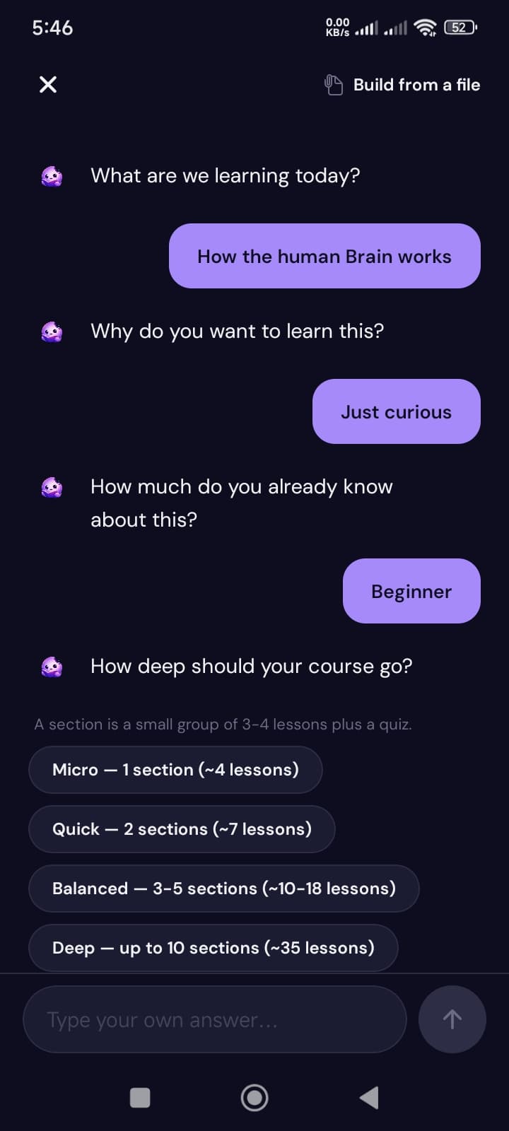 Morso asking what to learn, why, and how deep the course should go, with the learner answering How the human brain works