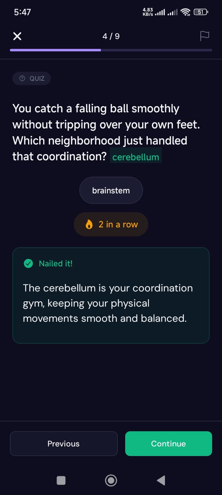 A Morso quiz question answered correctly, with a Nailed it explanation and a two-in-a-row streak
