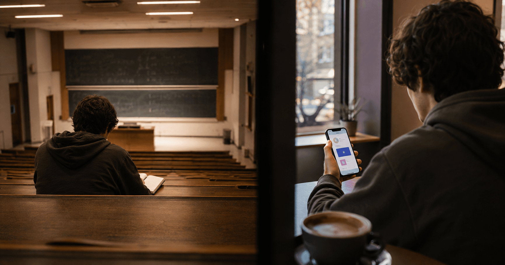 Traditional lecture hall on the left contrasted with a student using a mobile microlearning app on the right, illustrating the difference between traditional and modern learning formats