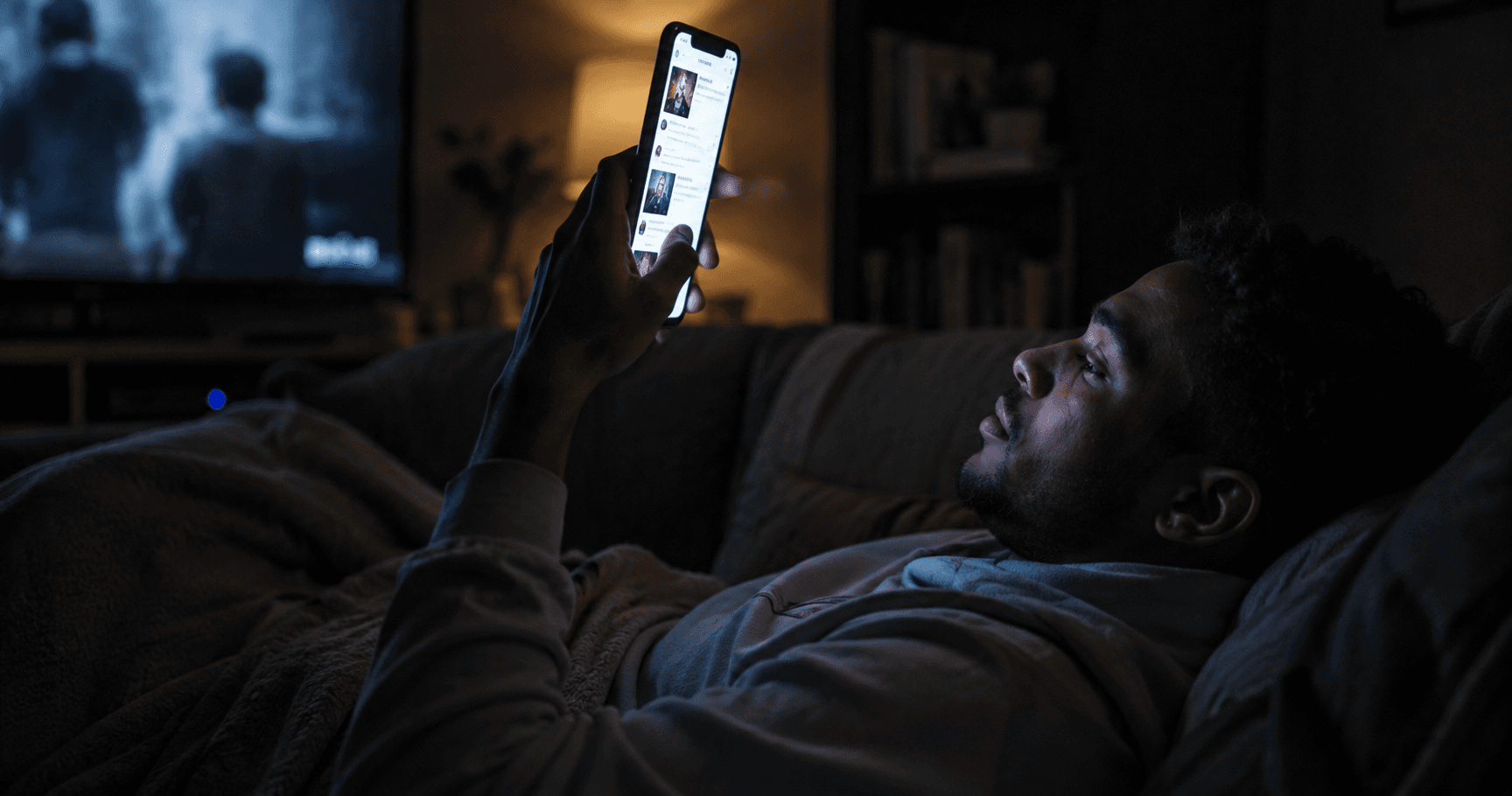 A person in their late twenties lying on a couch in the evening, phone held loosely above their face at arm's length, thumb paused mid-scroll, screen glowing faintly against the dim room.