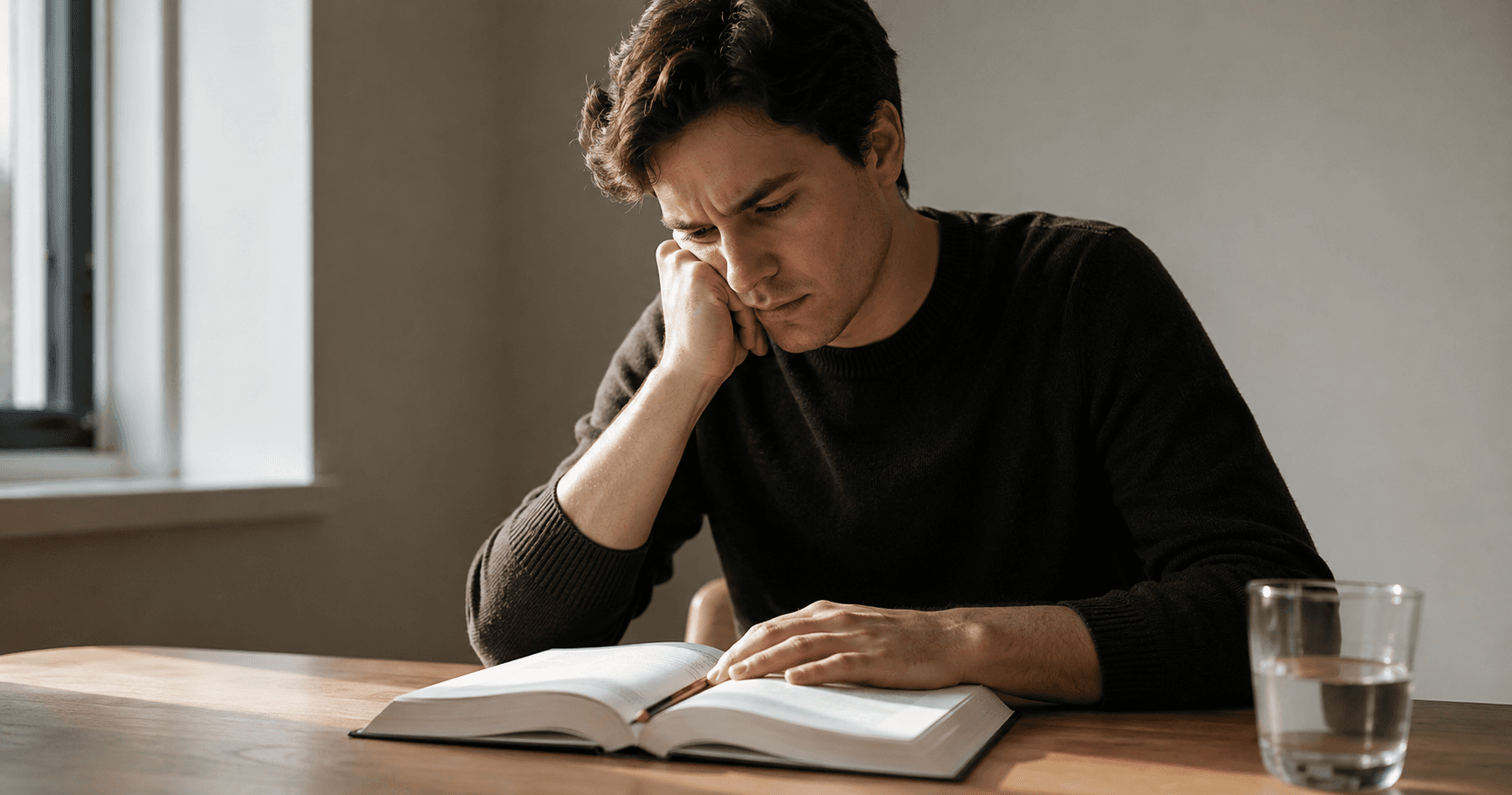 Person studying at a desk with a textbook, showing the focused effort of learning and cognitive load in action