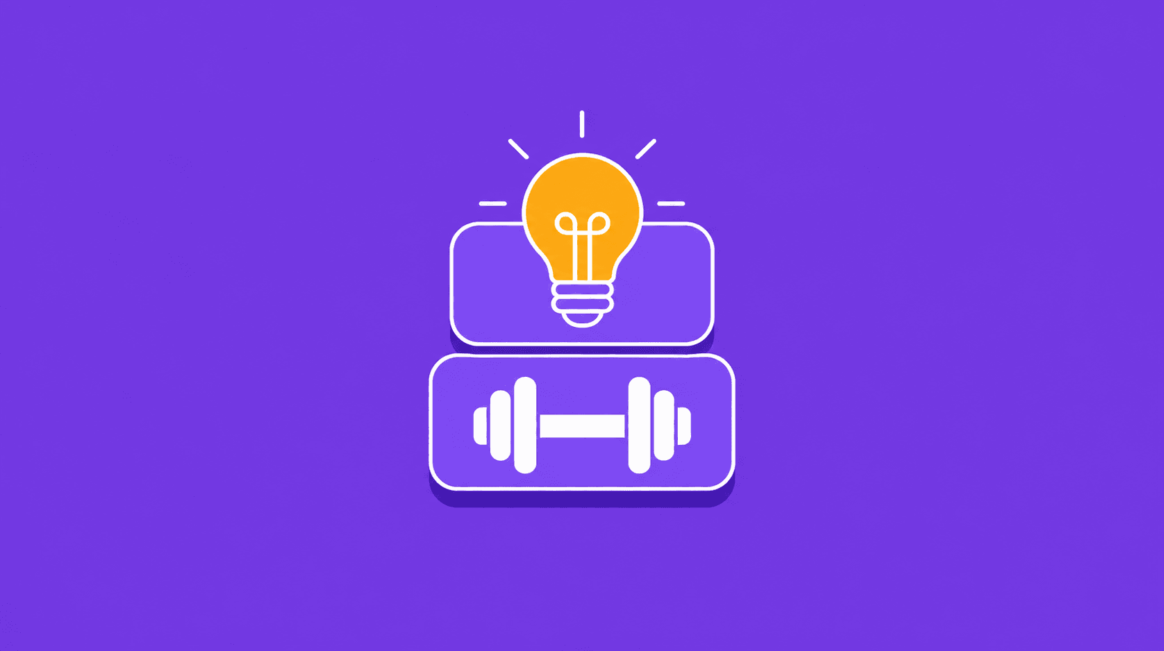 Flat illustrated graphic of a lightbulb stacked above a  dumbbell on a violet background, representing the knowing  and doing layers of learning a skill