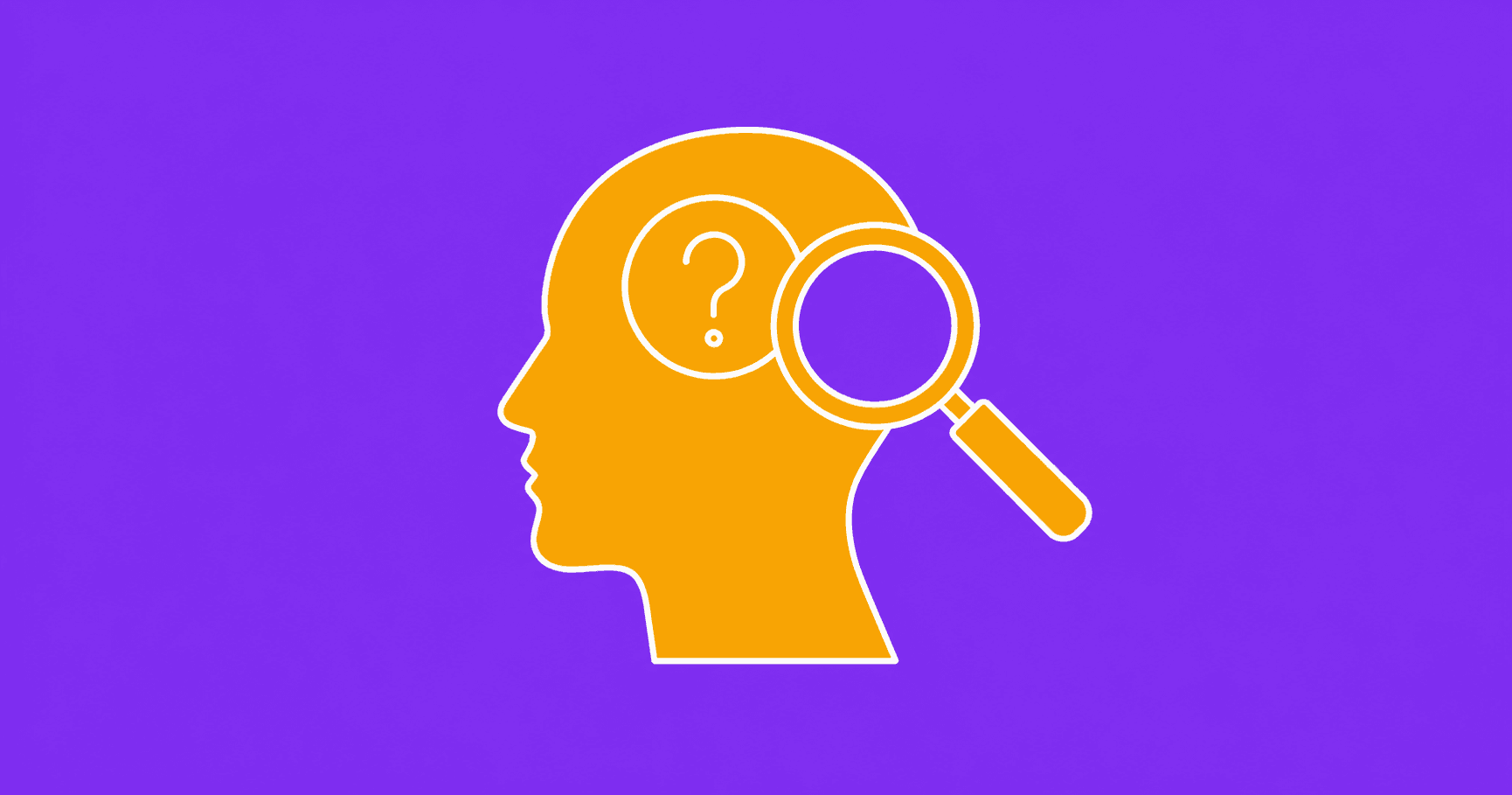Flat illustrated graphic of a head silhouette with a  magnifying glass examining a question mark, representing  critical thinking and self-examination