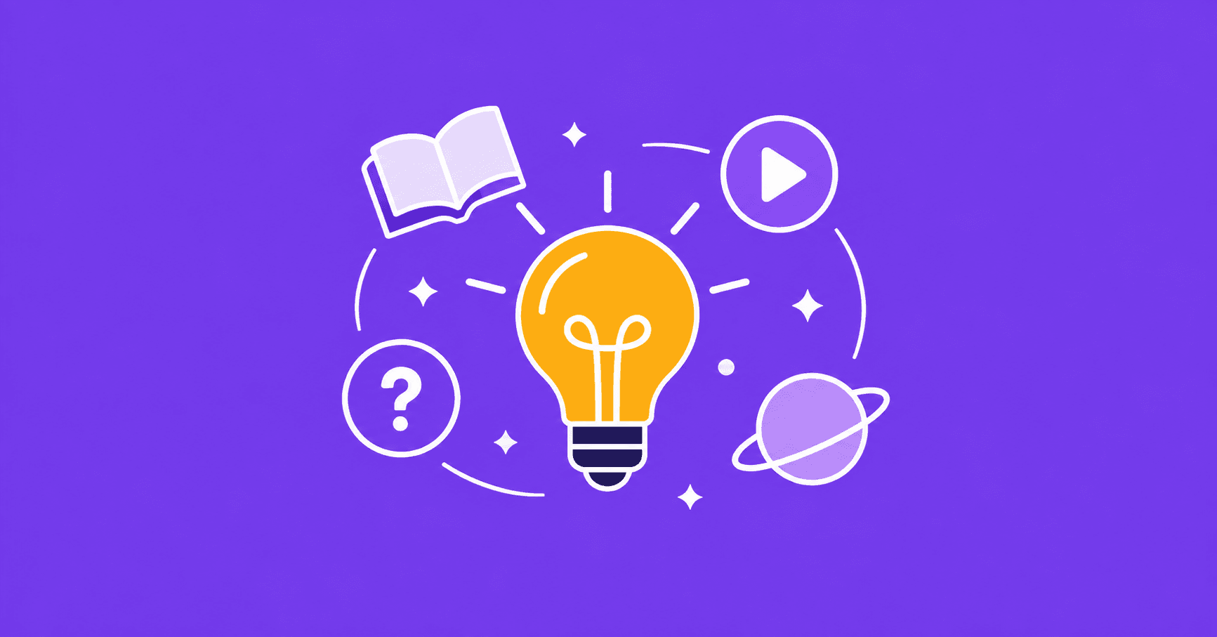 Flat illustrated graphic of a lightbulb surrounded by icons  representing books, video, and curiosity on a violet  background, representing apps for curious adults
