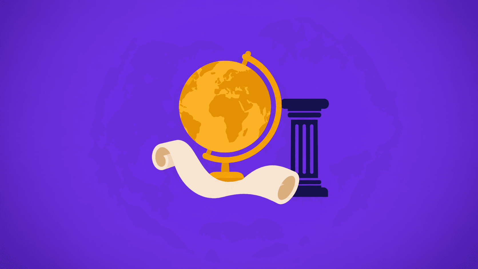 Flat illustration of an amber globe with an unrolled parchment scroll and a stone column on a violet background, representing world history trivia.