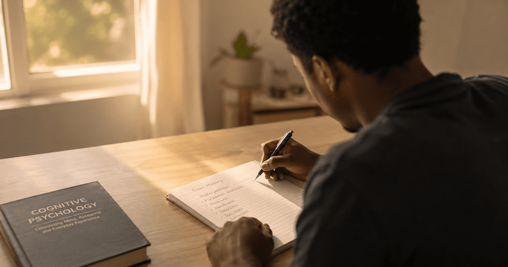 Young adult writing from memory in a notebook with no source  material open, representing the effortful retrieval practice  of active recall