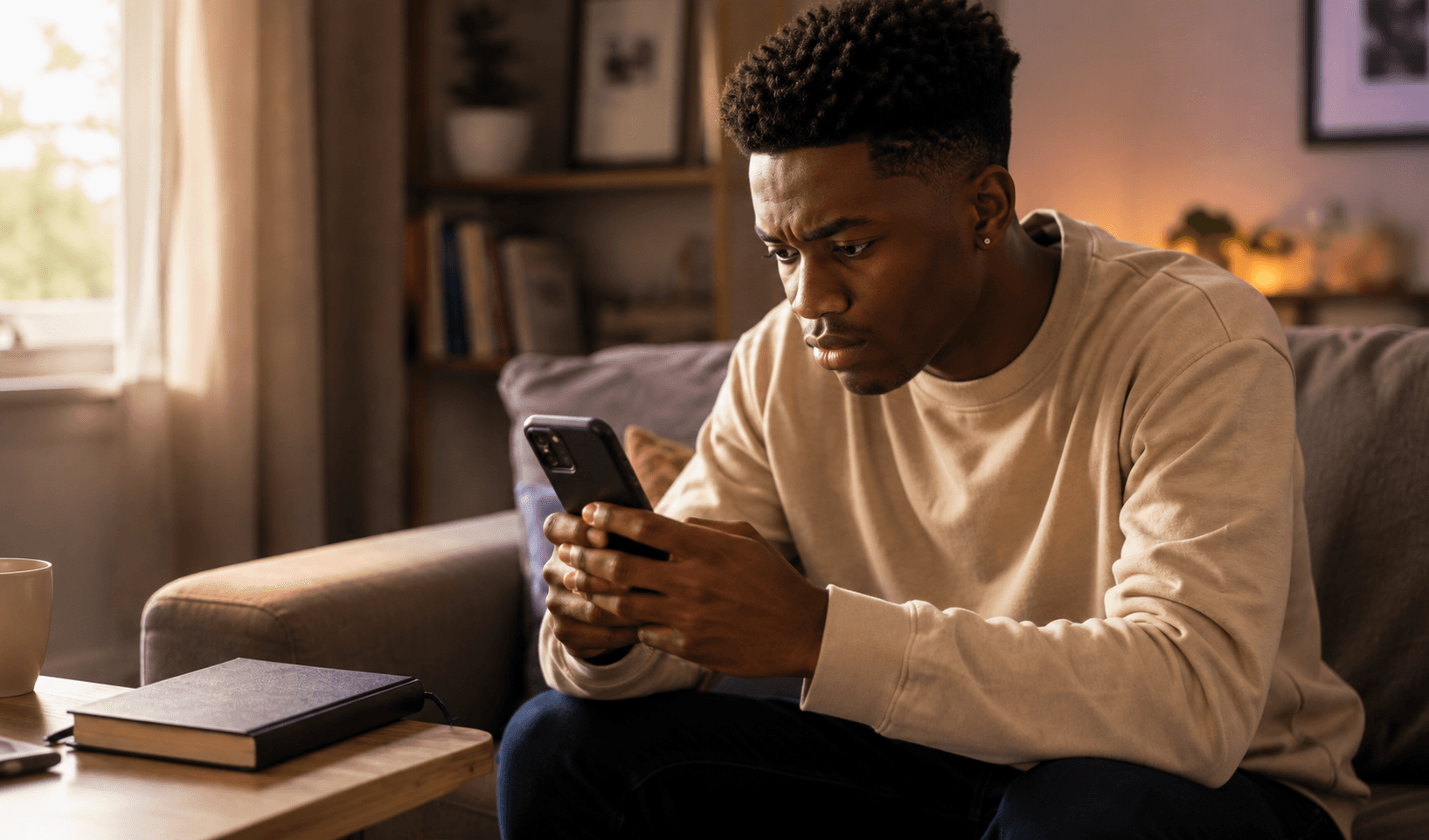 Young adult looking at a phone with a contemplative expression,  representing the moment of realizing browsed content didn't  actually stick in memory