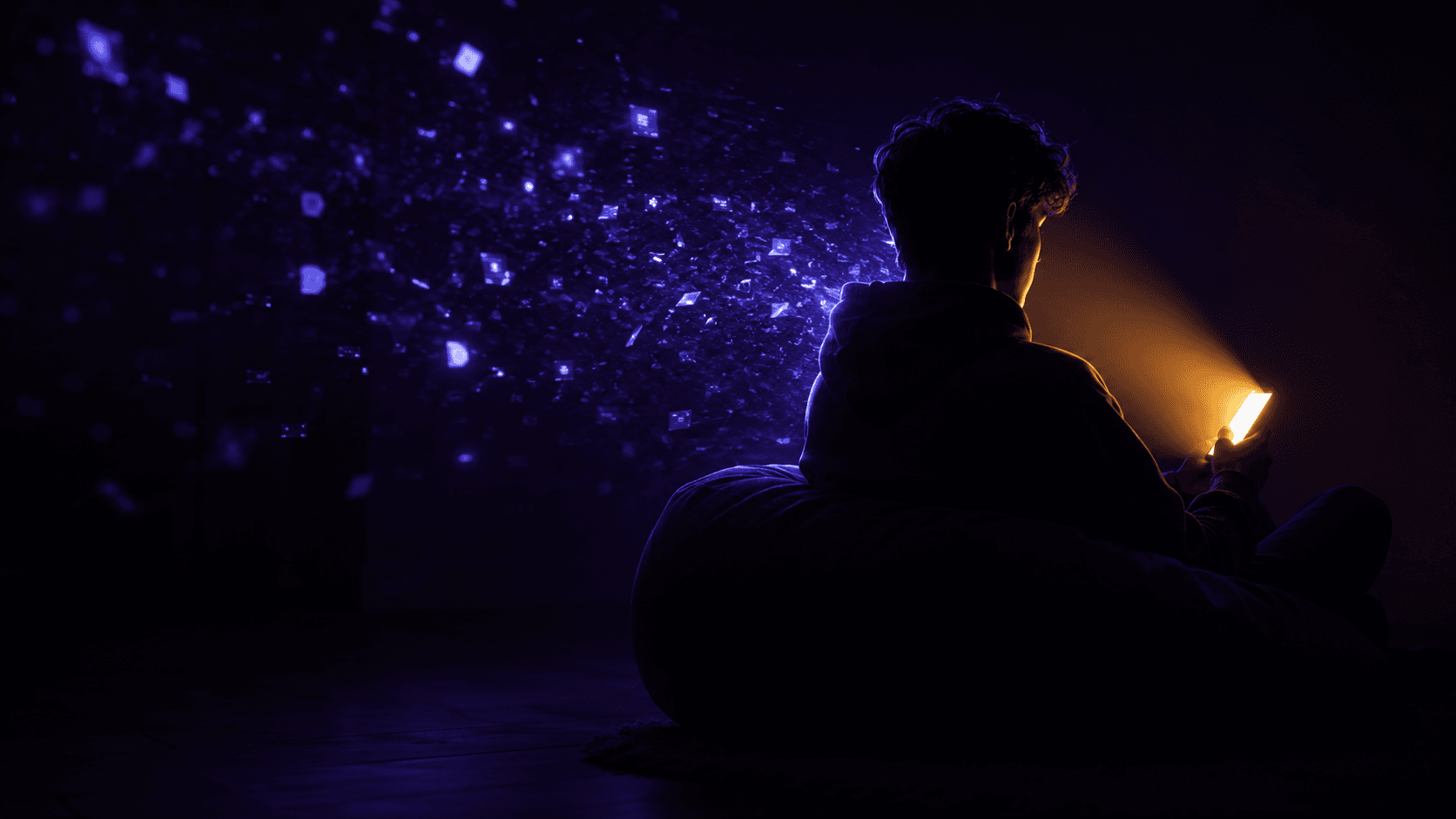 A cinematic editorial photograph, shot from a low three-quarter angle behind a young person sitting calmly in deep focus, seen mostly as a silhouette so no face is identifiable, holding a phone that emits a single clean warm beam of light onto their face