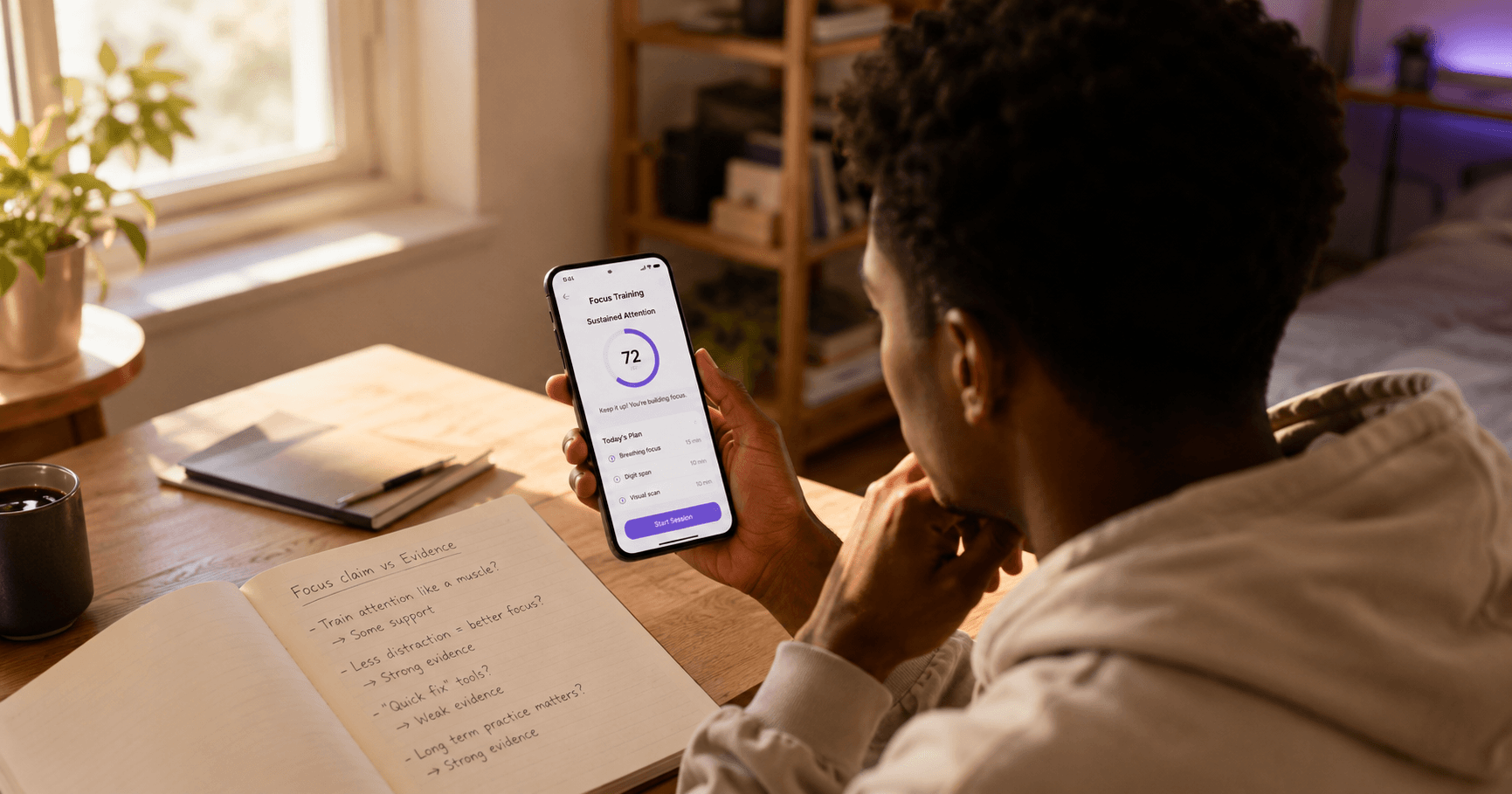 Young adult evaluating a brain training app on their phone  with a thoughtful expression, representing critical assessment  of cognitive training claims rather than passive acceptance