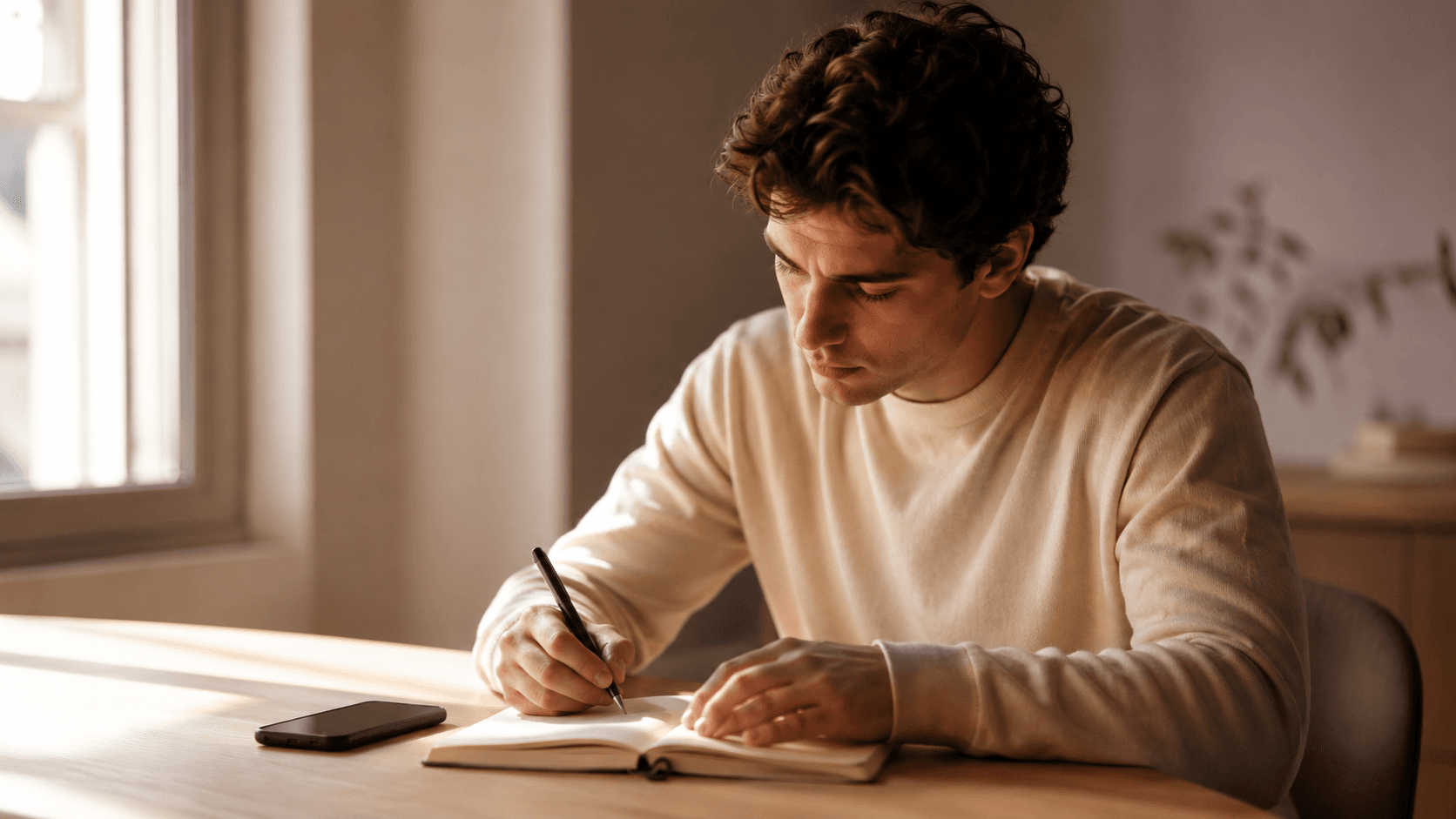 Young adult writing notes by hand at a minimal desk with phone  face-down, representing deliberate practice and active recall  for fast skill learning