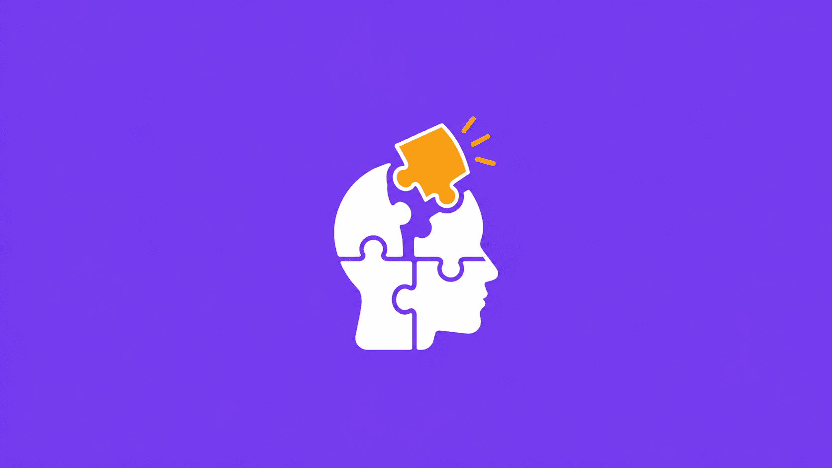 Head-shaped puzzle of interlocking blocks with one amber piece clicking into place, representing building general knowledge piece by piece