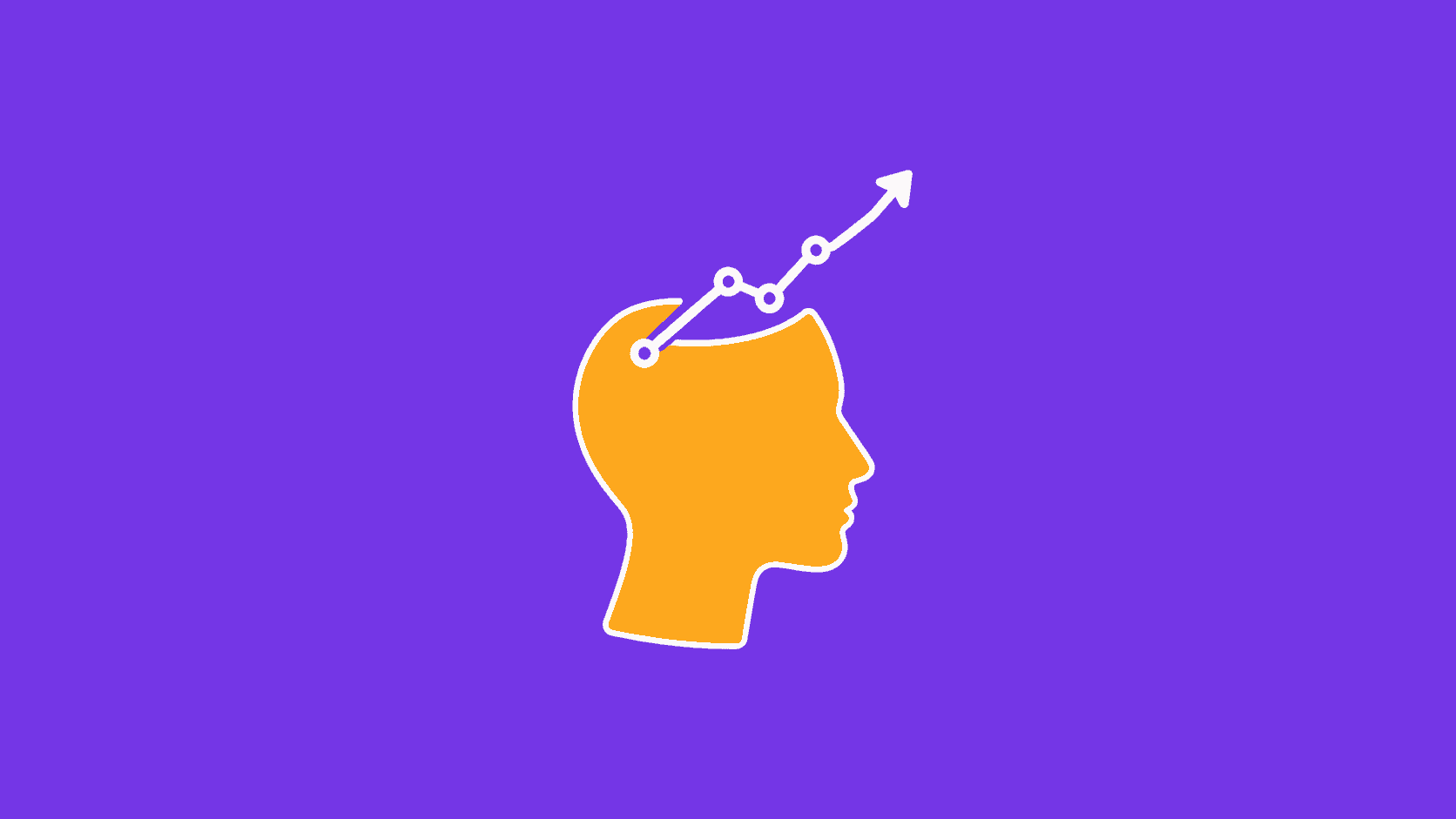 Flat illustrated graphic of a head silhouette with an upward  trend line emerging from it on a violet background,  representing the research on getting smarter over time