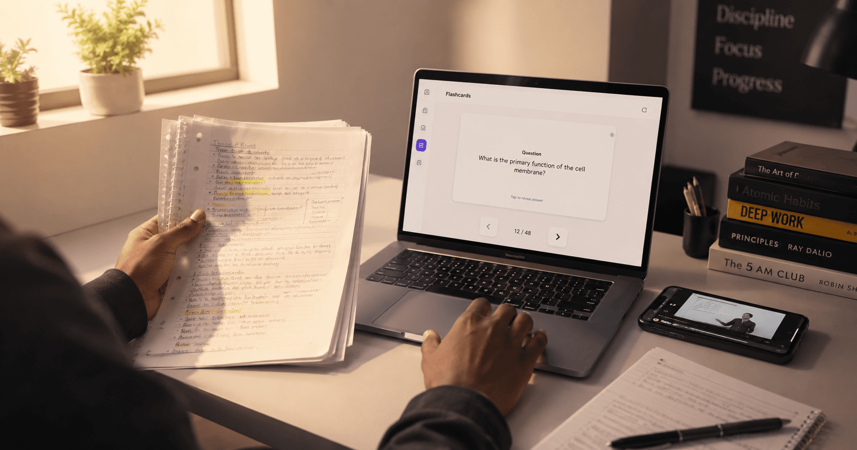 Young adult with lecture notes, a laptop showing flashcards,  and a phone showing a paused video, representing multiple  study material sources converted into one AI-generated  course