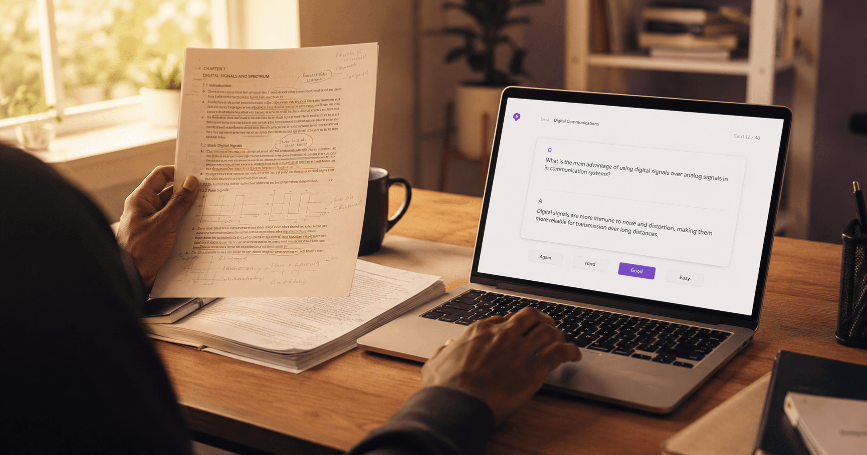 Young adult converting printed lecture notes into digital  flashcards on a laptop