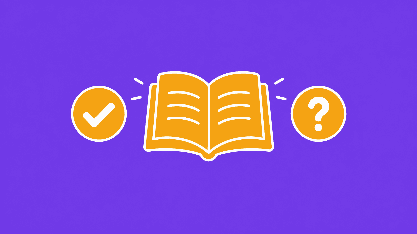 Flat illustrated graphic of an open book with a checkmark and  question mark on a violet background, representing general  knowledge questions and answers