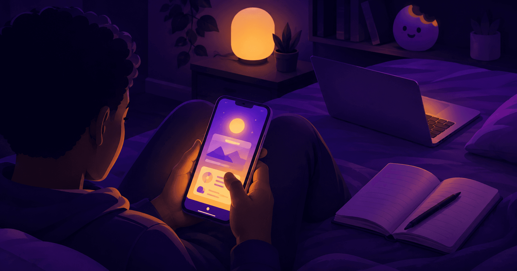 person in their twenties sitting cross-legged on a bed, phone in hand, caught mid-smile at the screen.
