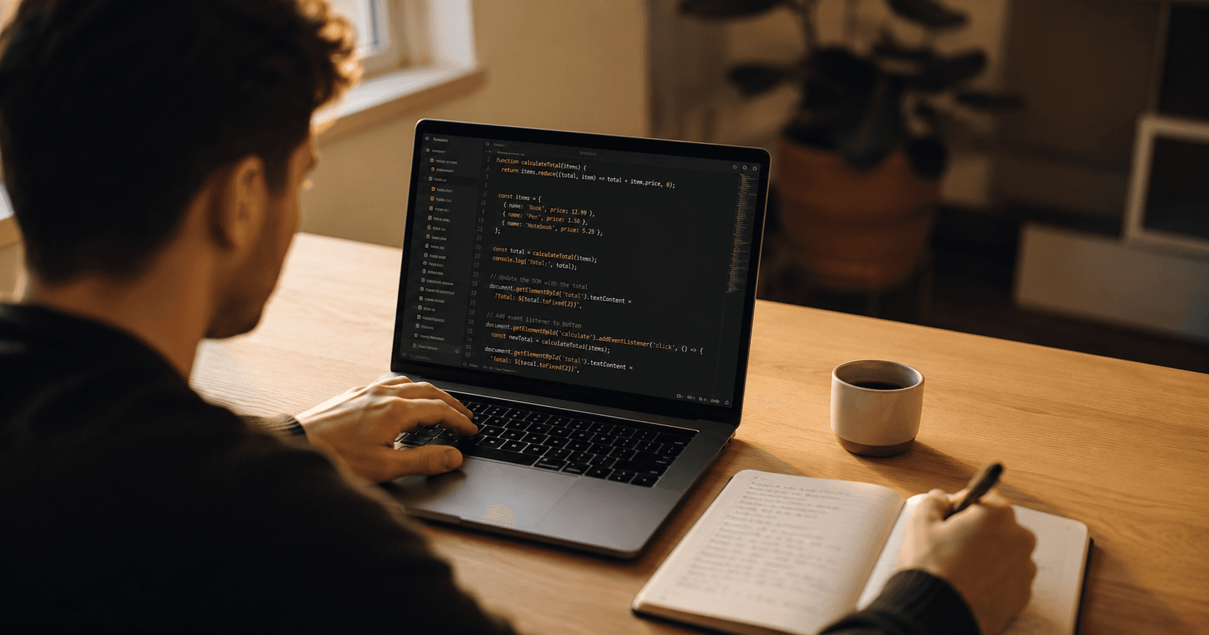 Young adult writing notes beside a laptop showing JavaScript  code