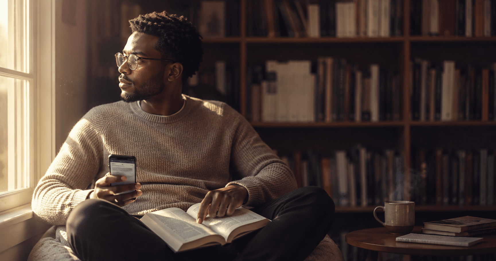 A young professional in their late 20s, wearing a soft knit sweater, seated cross-legged in a window-side reading nook, an open book with visibly dense text resting on their lap, a phone showing a small summary-card app held loosely in one hand.
