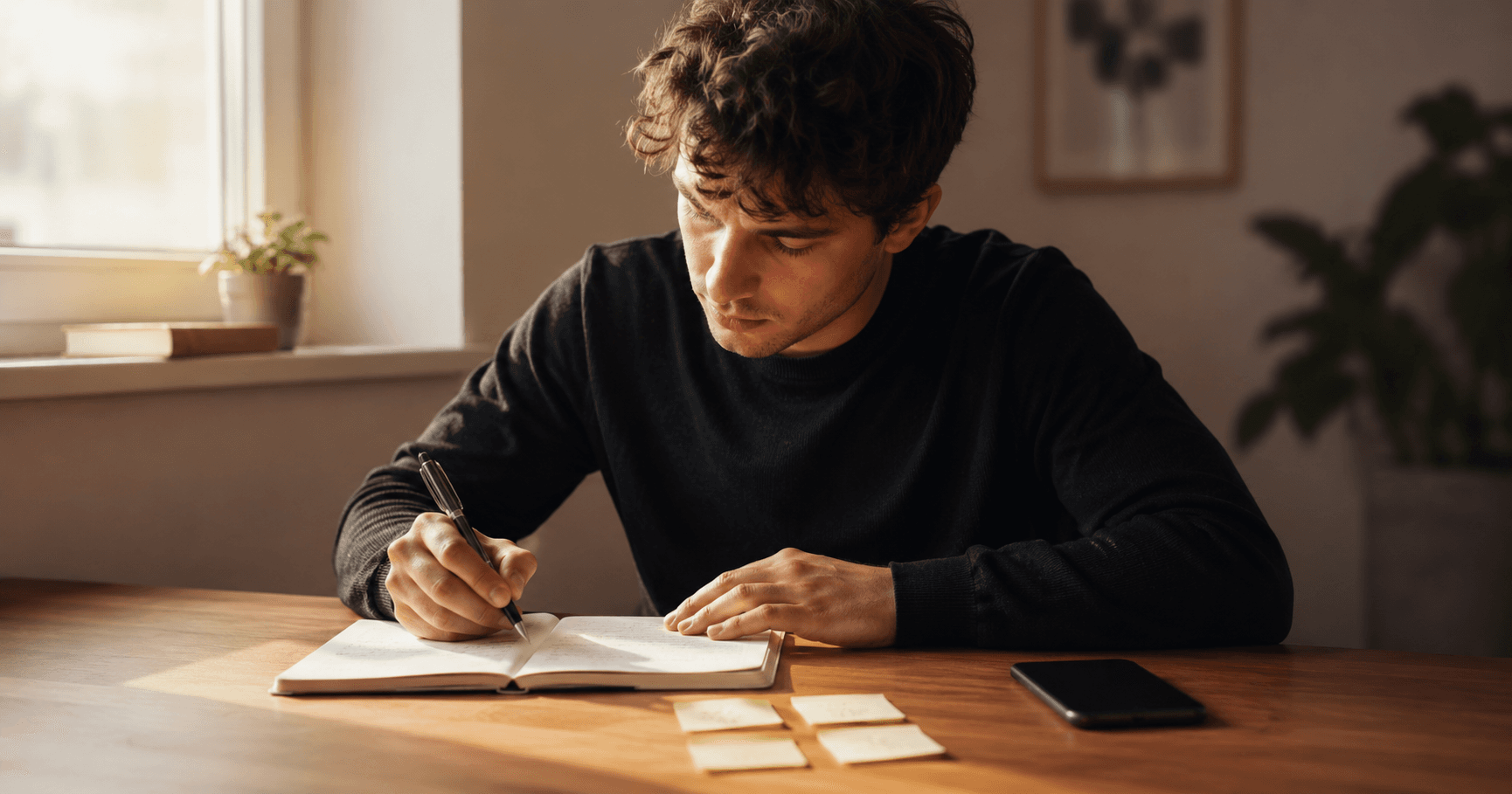 Young adult writing notes from memory at a minimal desk  with phone face-down, representing active recall and  fast learning through deliberate practice