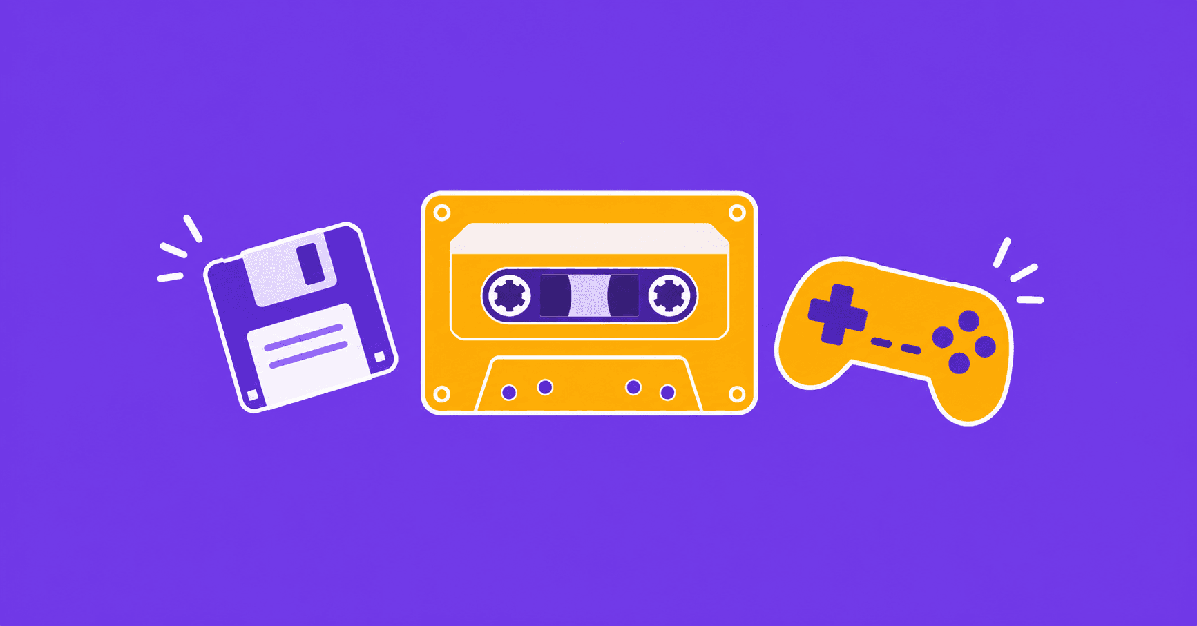 Flat illustrated graphic of a cassette tape, floppy disk, and  game controller on a violet background, representing 90s  pop culture trivia