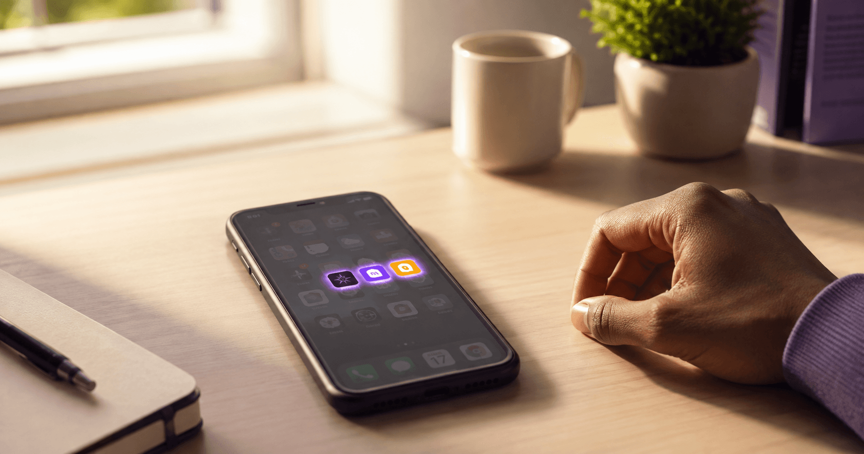 Phone on a desk showing a curated set of learning app icons,  representing a deliberate stack of tools rather than app- hopping between many options