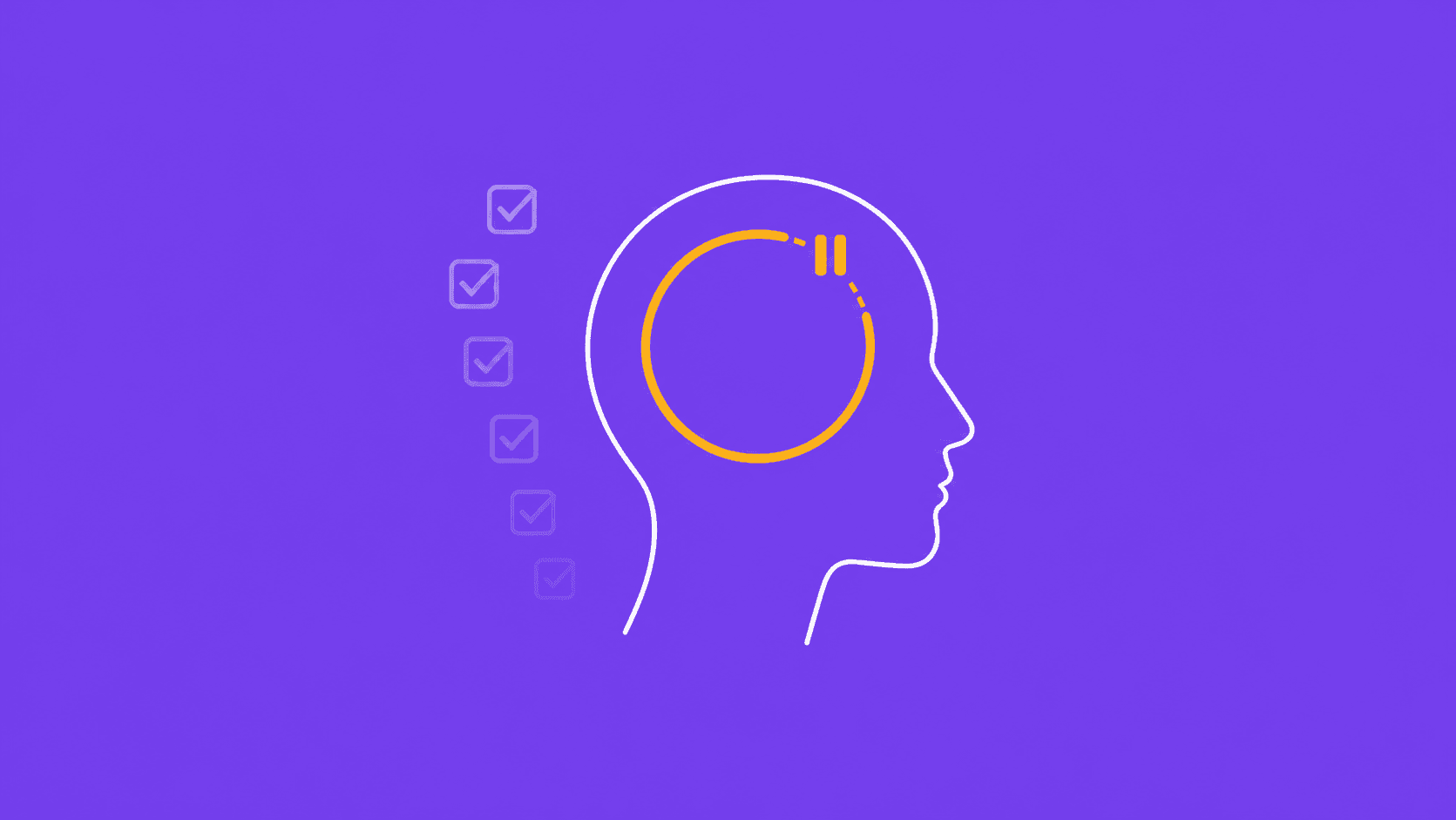 Side profile of a head with an unfinished amber loop and a pause symbol inside, next to faded completed ticks, on a violet background.
