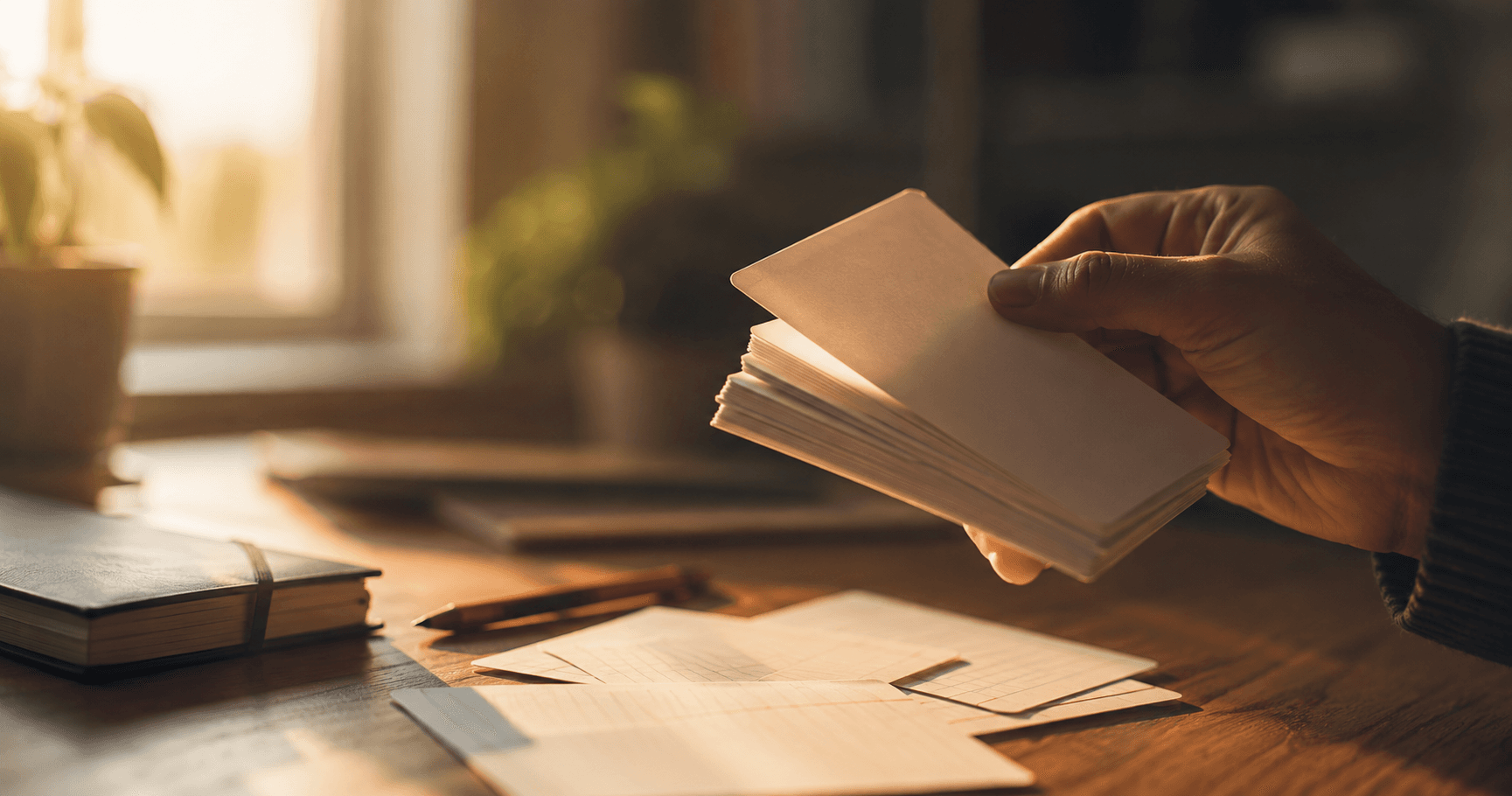 Hand flipping through flashcards at a desk, illustrating the spaced repetition study method