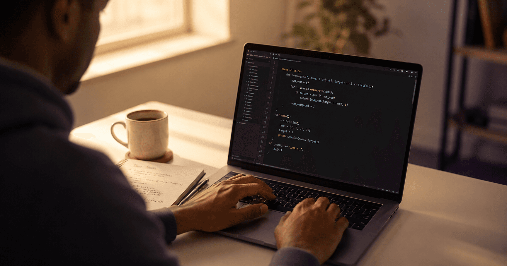 Young adult writing Python code on a laptop