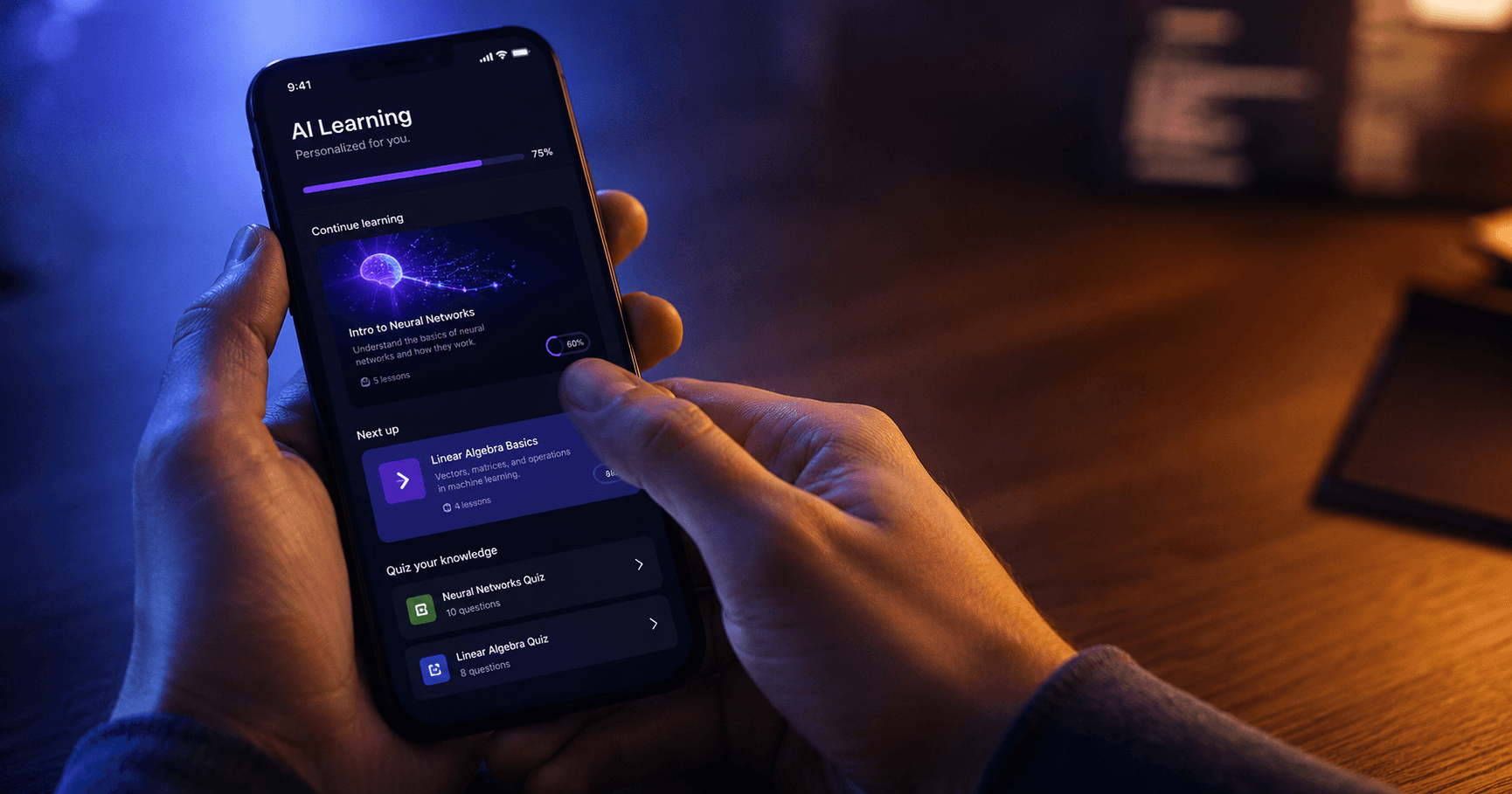 Person actively swiping through an AI-generated course on a smartphone, violet learning app interface glowing on screen