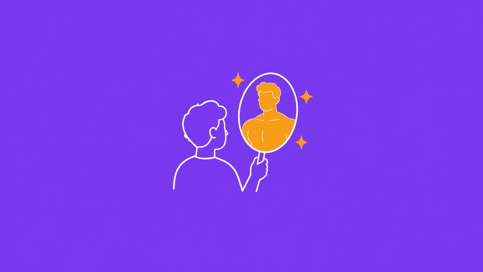 Flat illustration of a person looking into a hand mirror that shows a taller reflection of themselves, representing overestimating your own ability