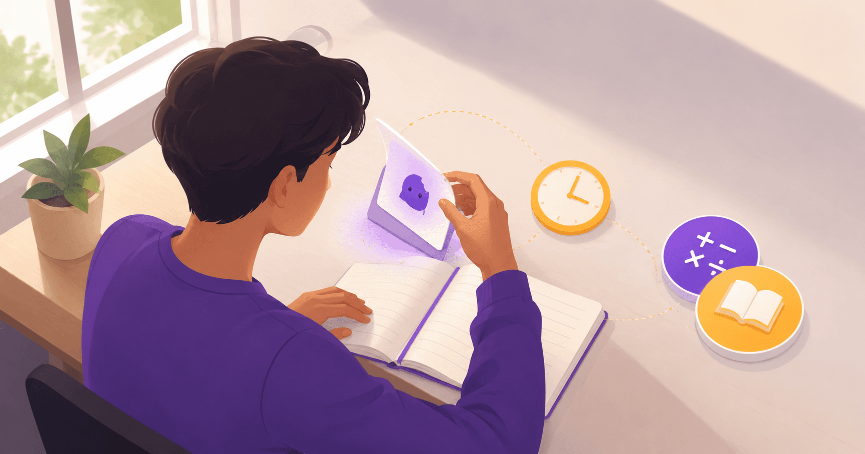 A person at a desk with three small visual elements arranged around an open notebook