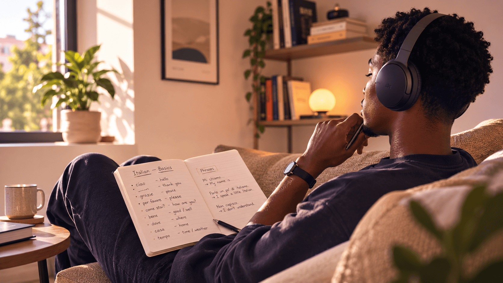 Person listening to language learning audio with headphones  while writing vocabulary in a notebook
