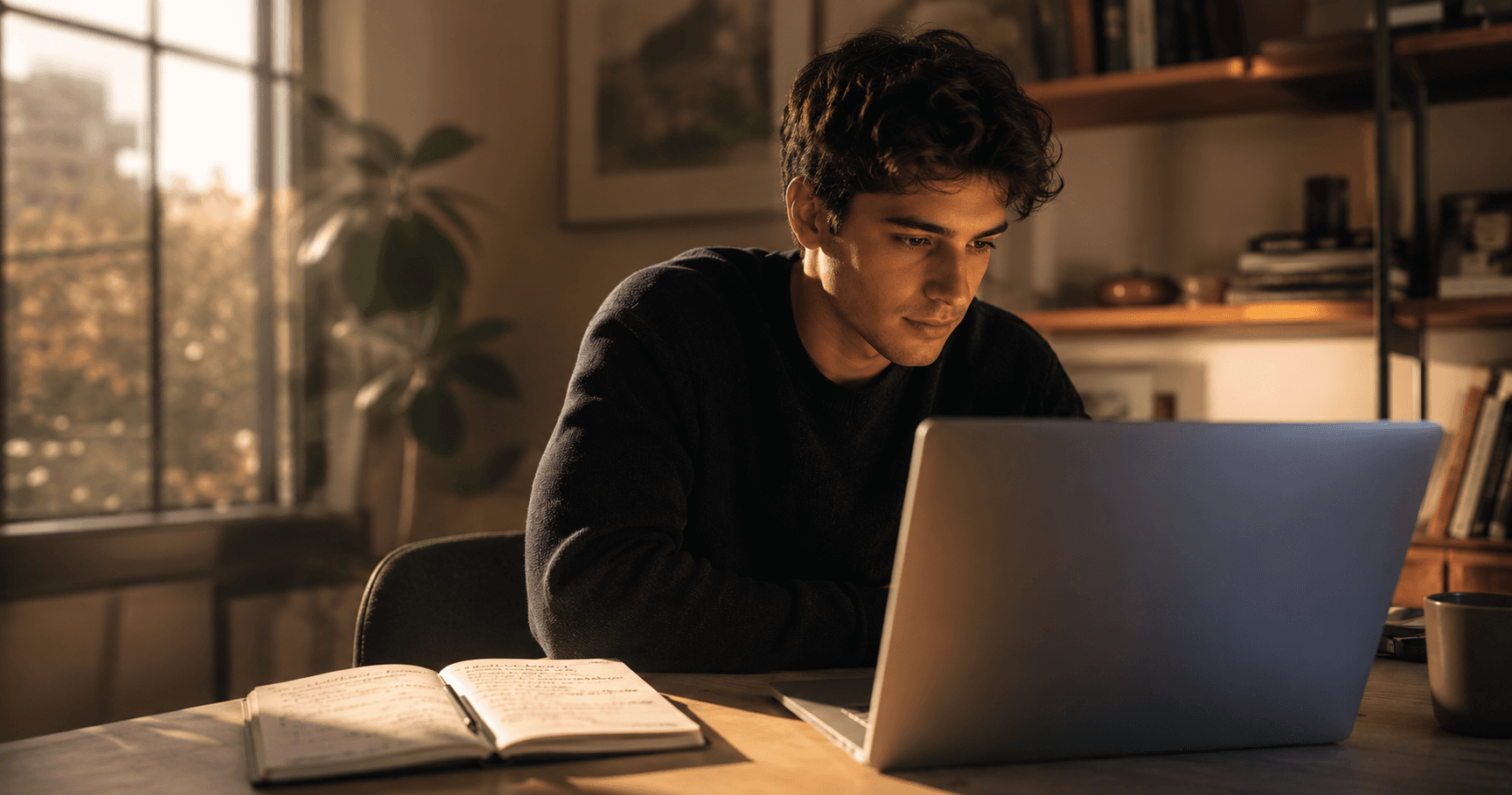 Young adult studying at a desk with laptop and handwritten notes, warm editorial photography style representing AI-assisted learning