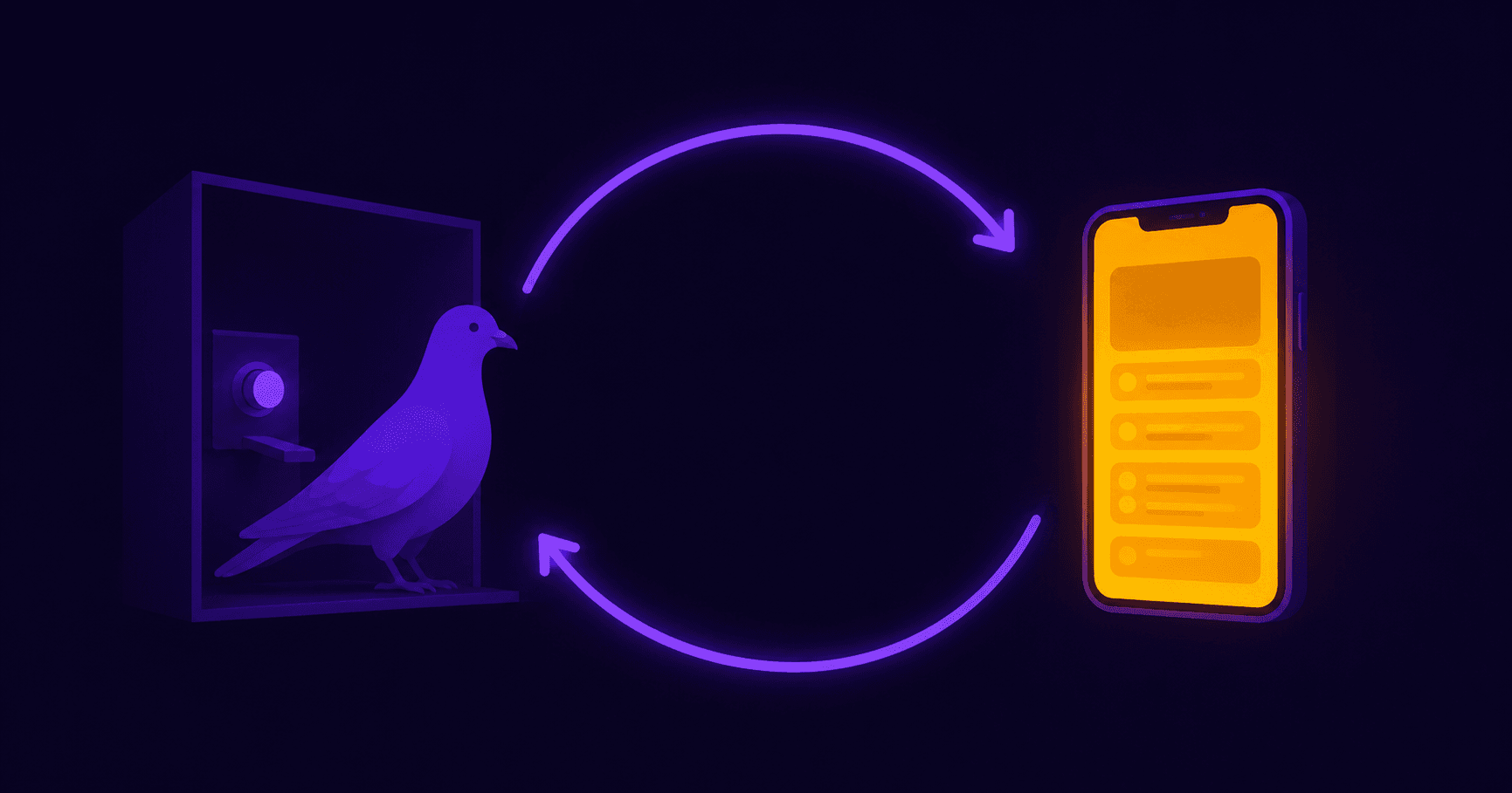 A stylized pigeon silhouette on one side and a phone screen on the other,