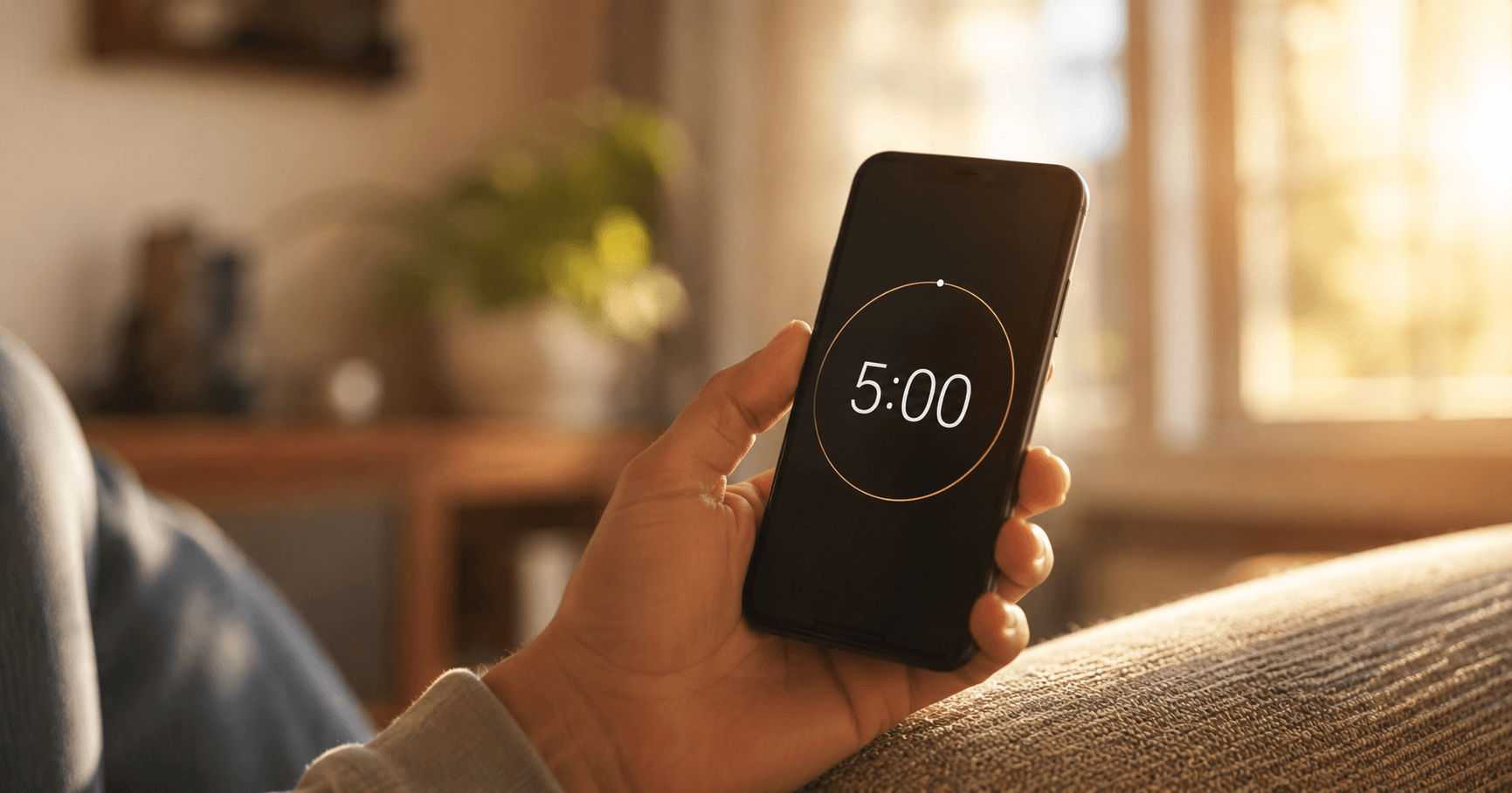 Person holding a phone showing a five minute timer, representing the 5-minute daily learning habit