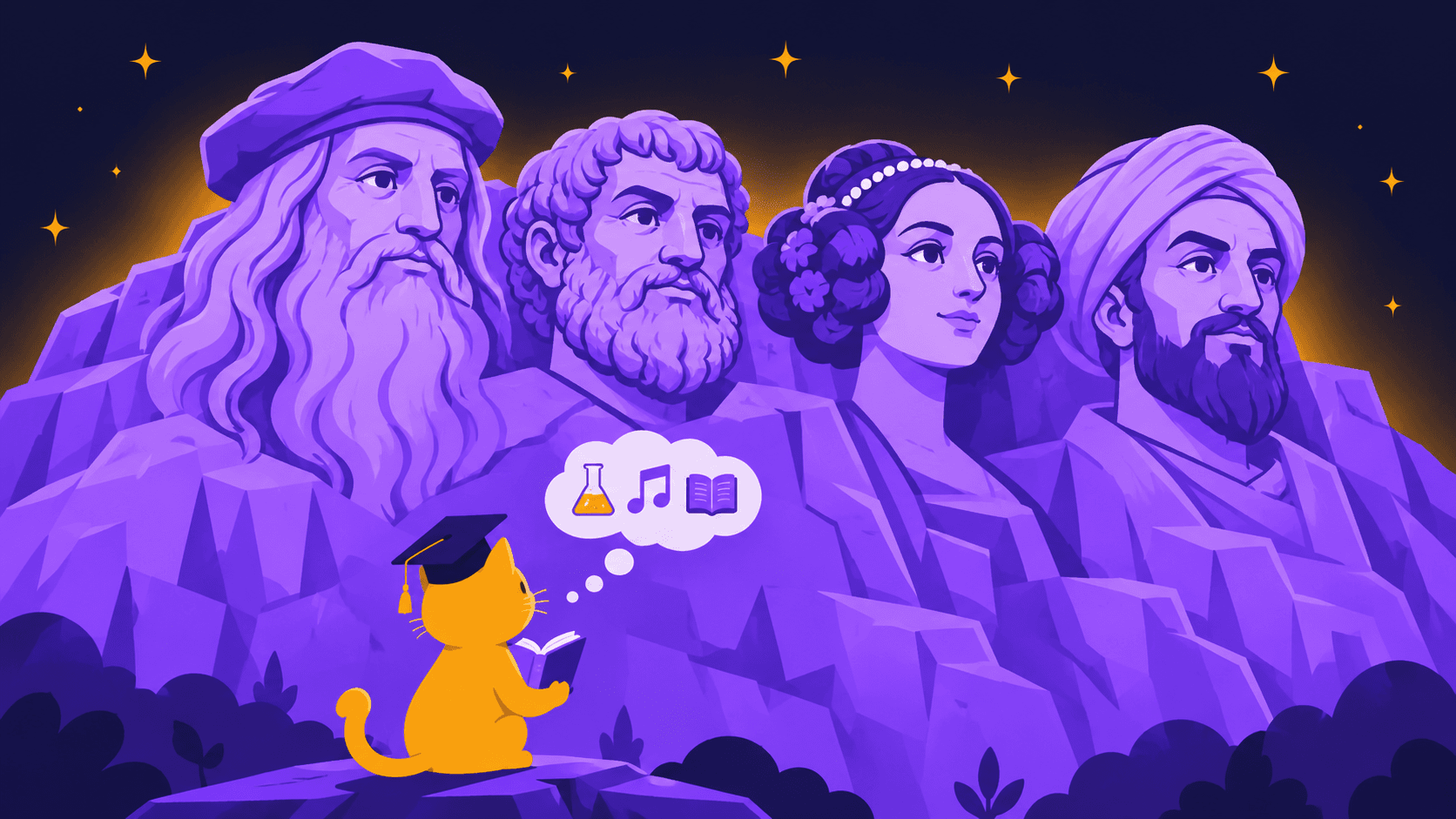 A violet mountain carved like Mount Rushmore with caricature faces of four famous polymaths, while a small cat in a scholar's cap looks up and dreams of becoming one too