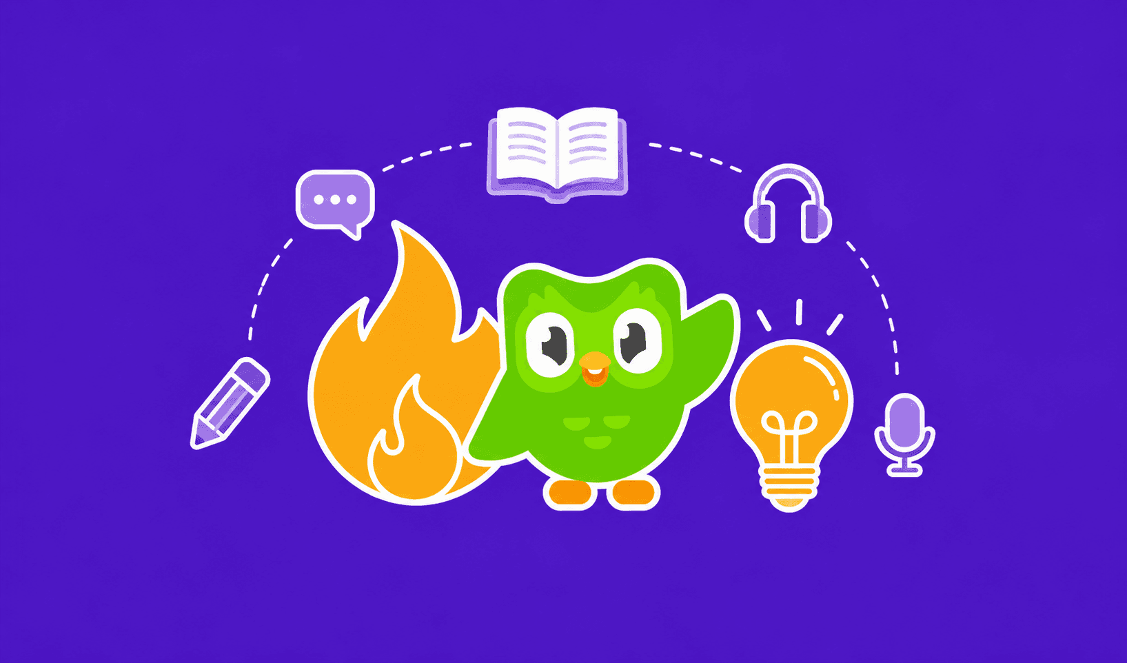 Flat illustrated graphic of a streak flame and a lightbulb on  a violet background, representing the search for a gamified  learning habit that covers more than one subject