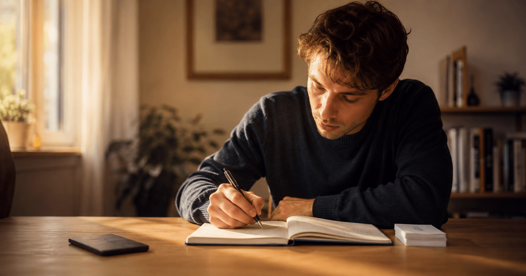 Young adult writing notes by hand at a minimal desk