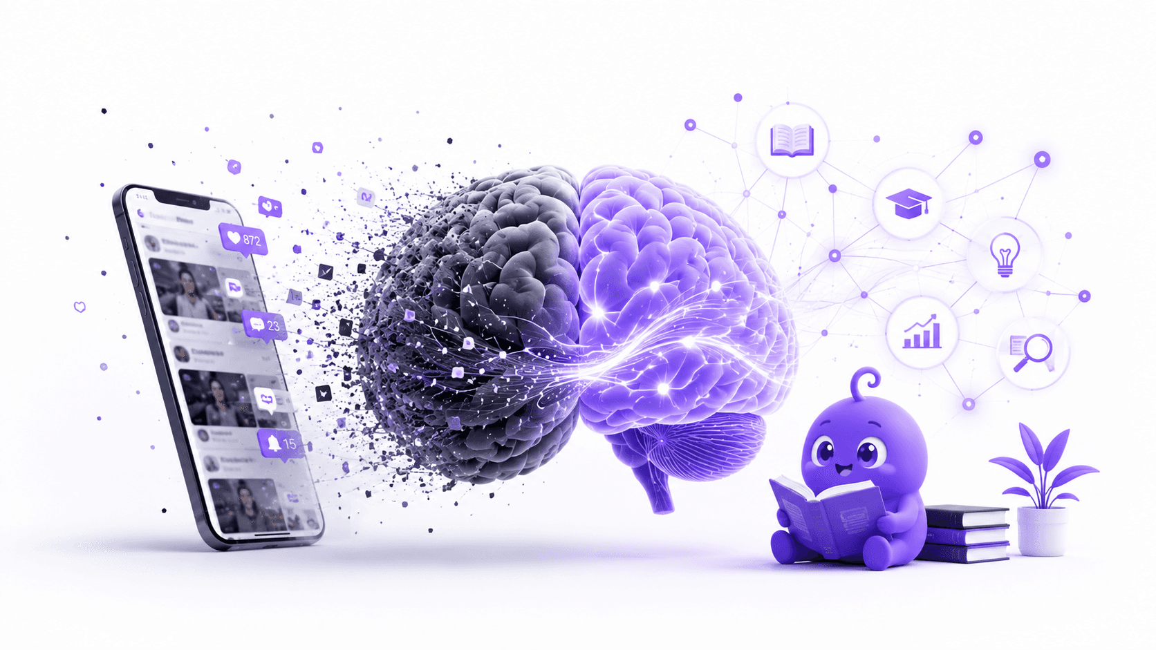 A clean futuristic illustration showing a human brain transforming from endless digital distraction into focused learning.