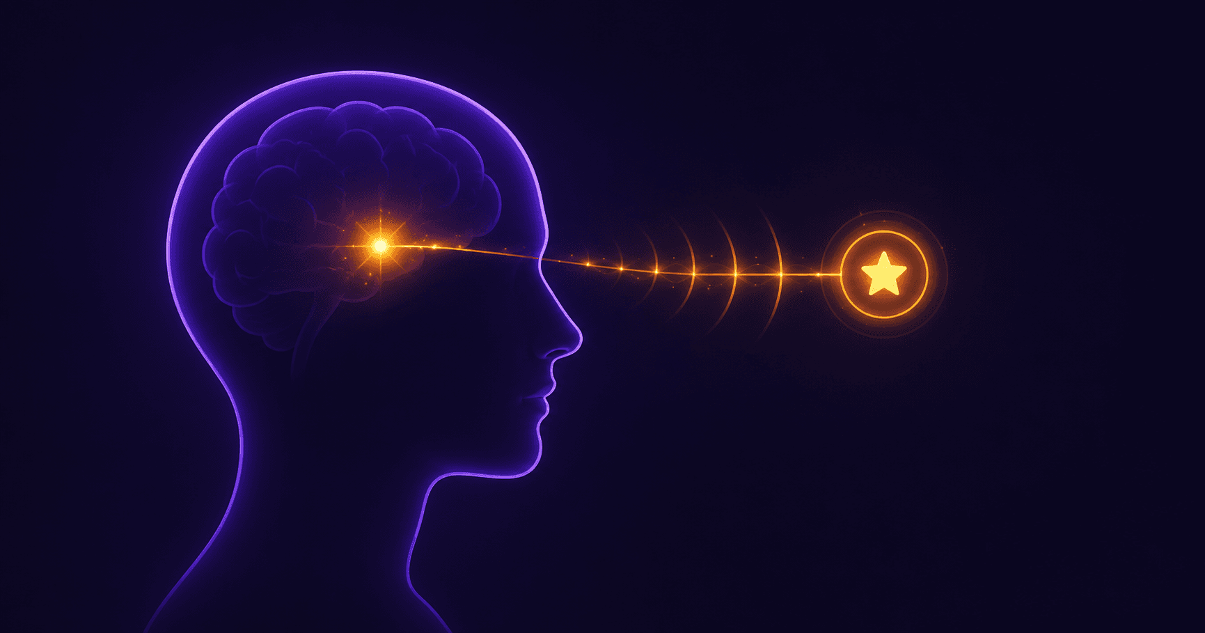 A stylized human head in profile, shown in outline, with a small glowing spark or dot inside the brain area.