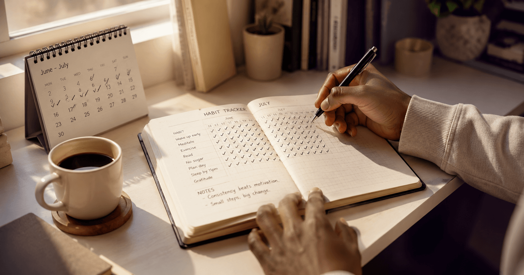 Person writing in a habit tracker journal with a multi-week  streak of checkmarks visible, representing patient,  consistent habit formation over months rather than weeks
