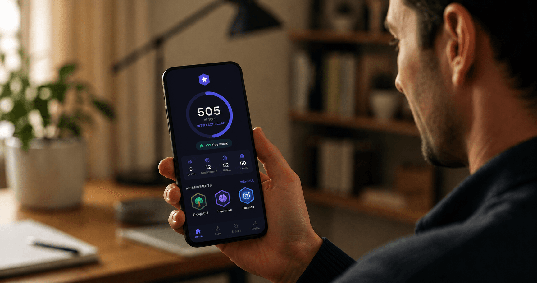  Person looking at a phone showing a progress and achievement interface