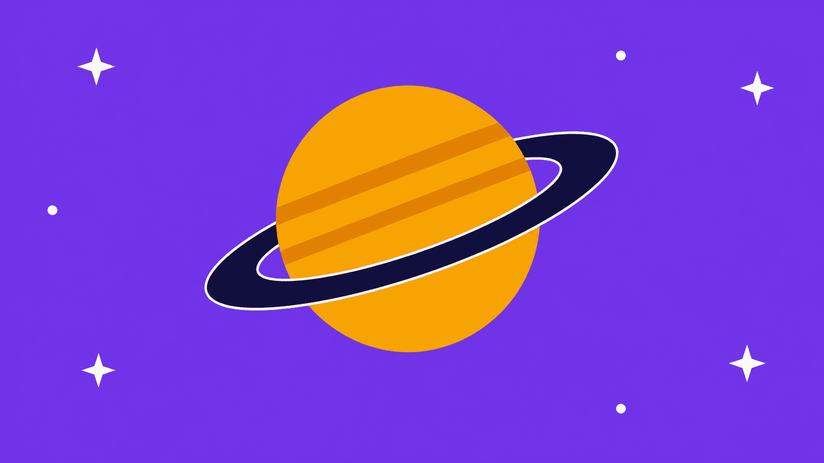 Flat illustration of an amber ringed planet with a dark navy ring, centered on a solid violet background with small white stars, for a space trivia questions post.