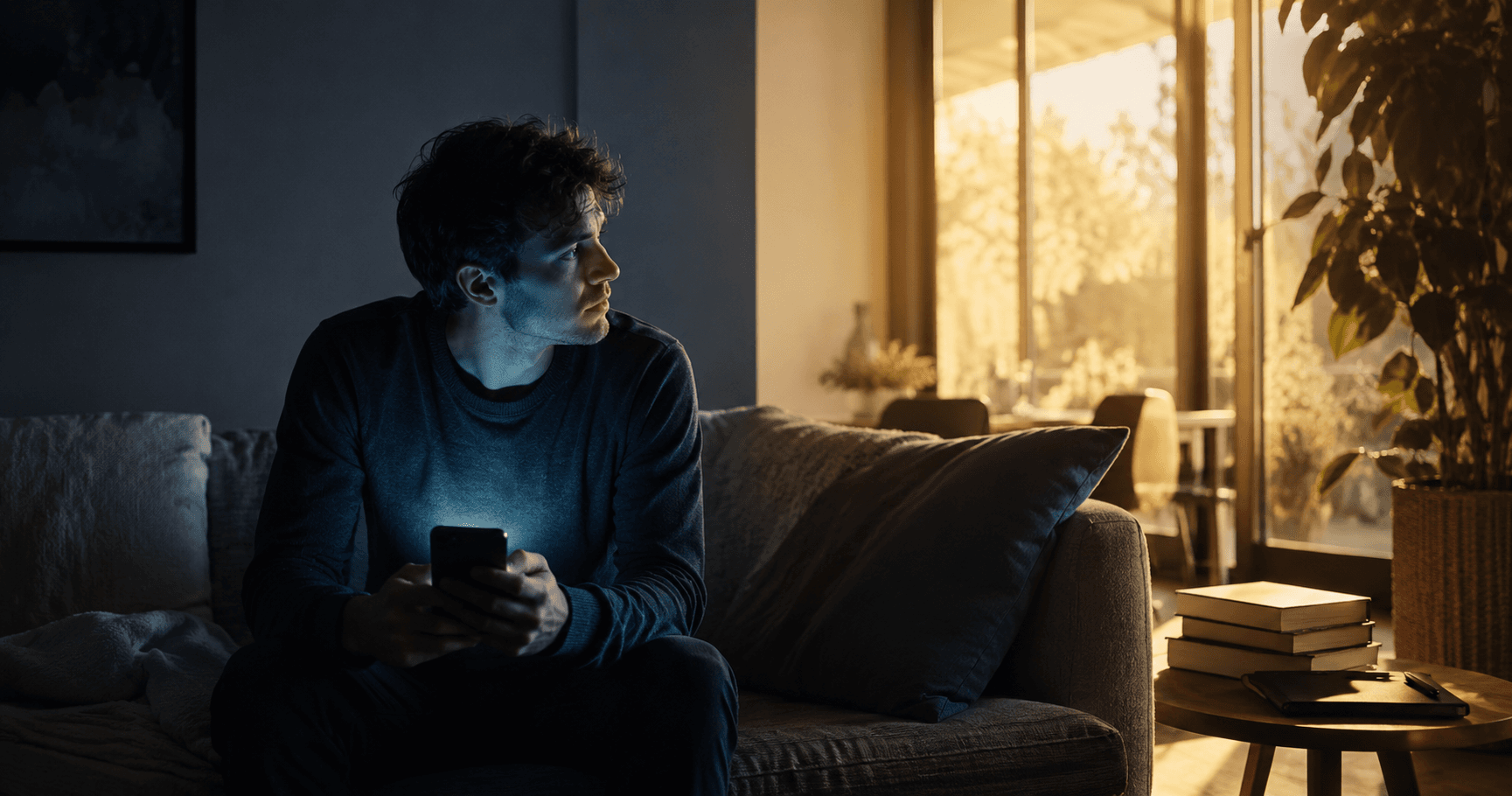 Person on a couch with phone showing two contrasting light environments