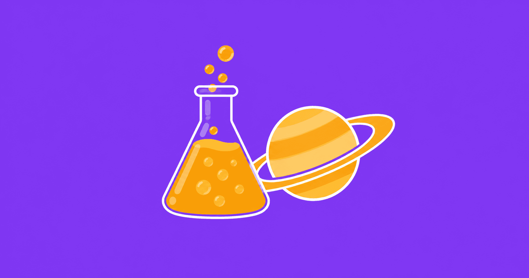 Flat illustrated graphic of a science flask and a ringed  planet on a violet background, representing science trivia  covering chemistry and space