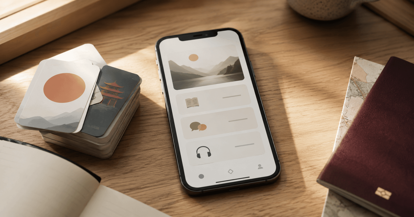  Smartphone showing a learning app interface next to flashcards