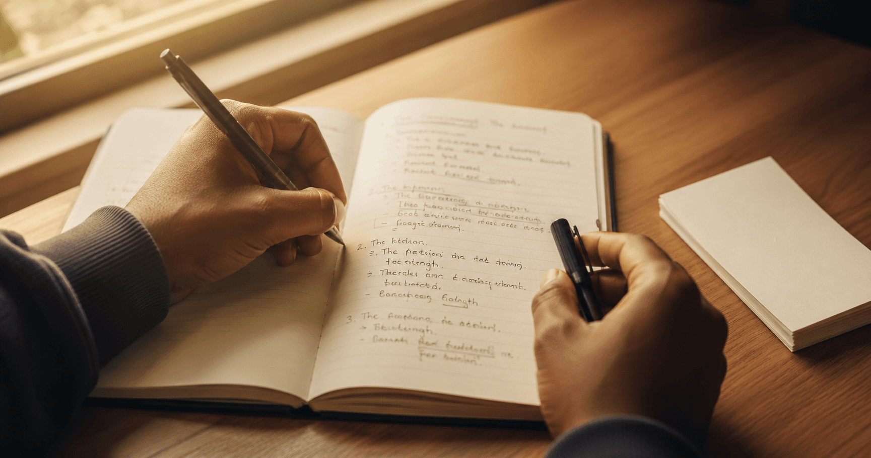 Close-up of hands writing from memory in a notebook