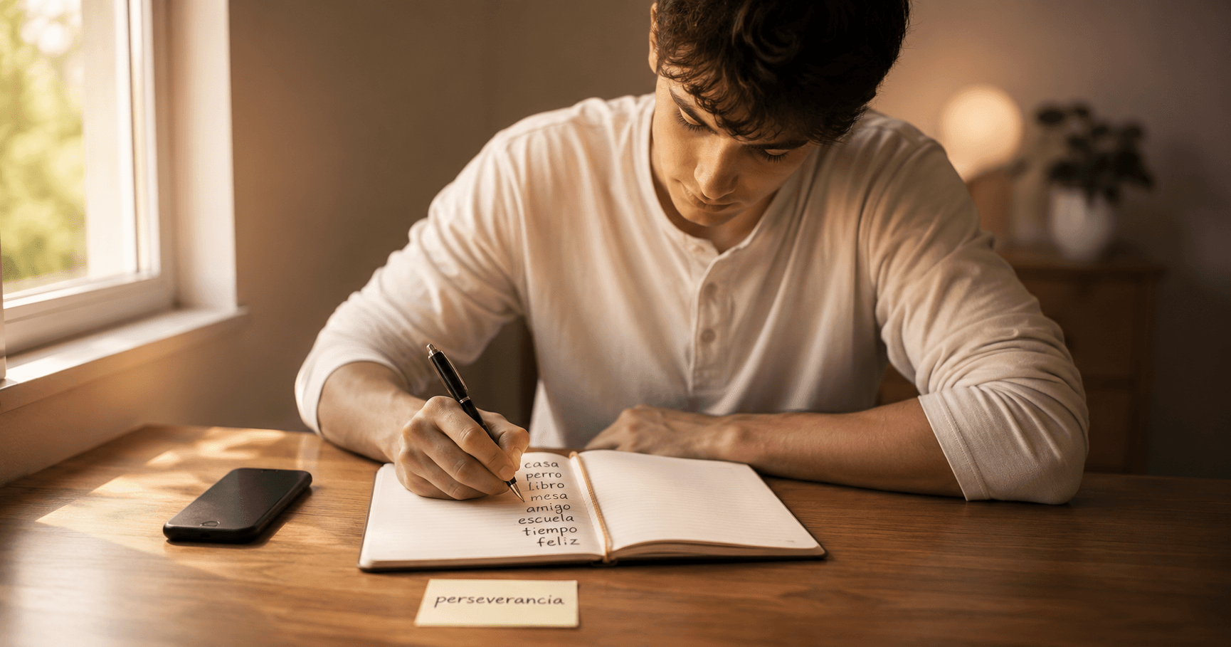 Young adult writing Spanish vocabulary by hand in a notebook 