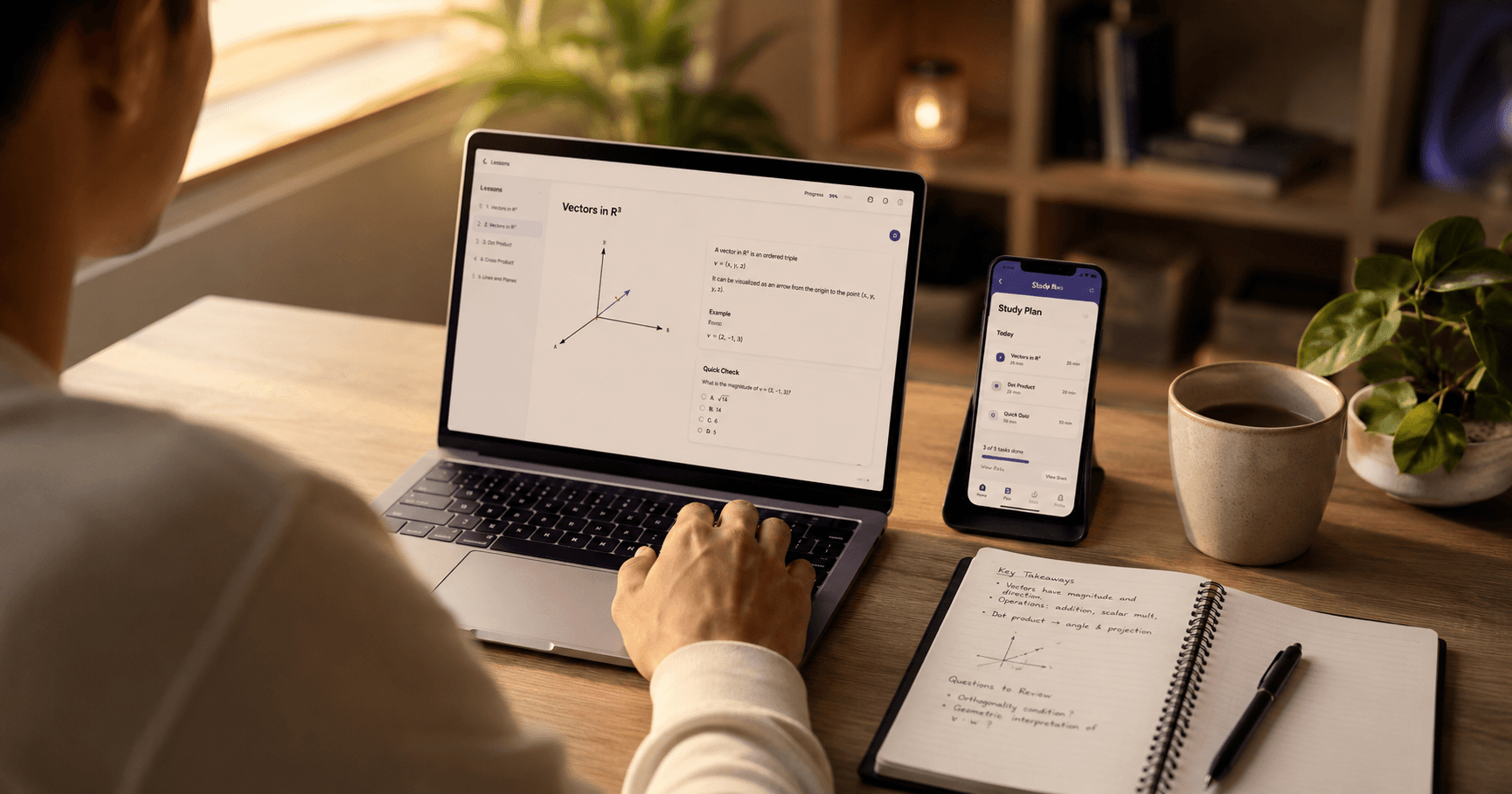Young adult using a coordinated set of tools across laptop,  phone, and notebook for studying, representing a deliberate  AI tool stack rather than a single all-purpose app