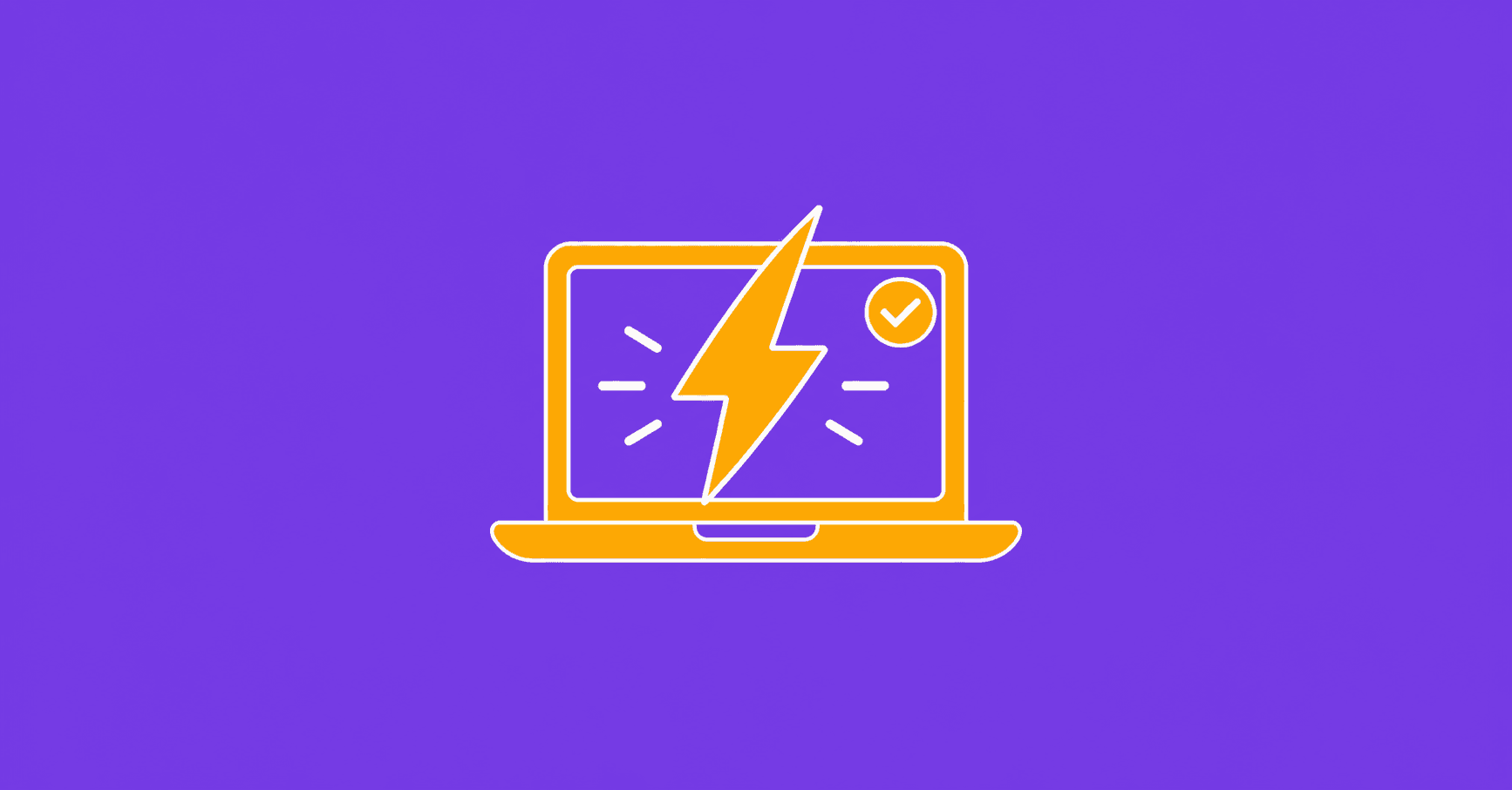 Flat illustrated graphic of a laptop screen with a lightning  bolt on a violet background, representing studying faster  with AI